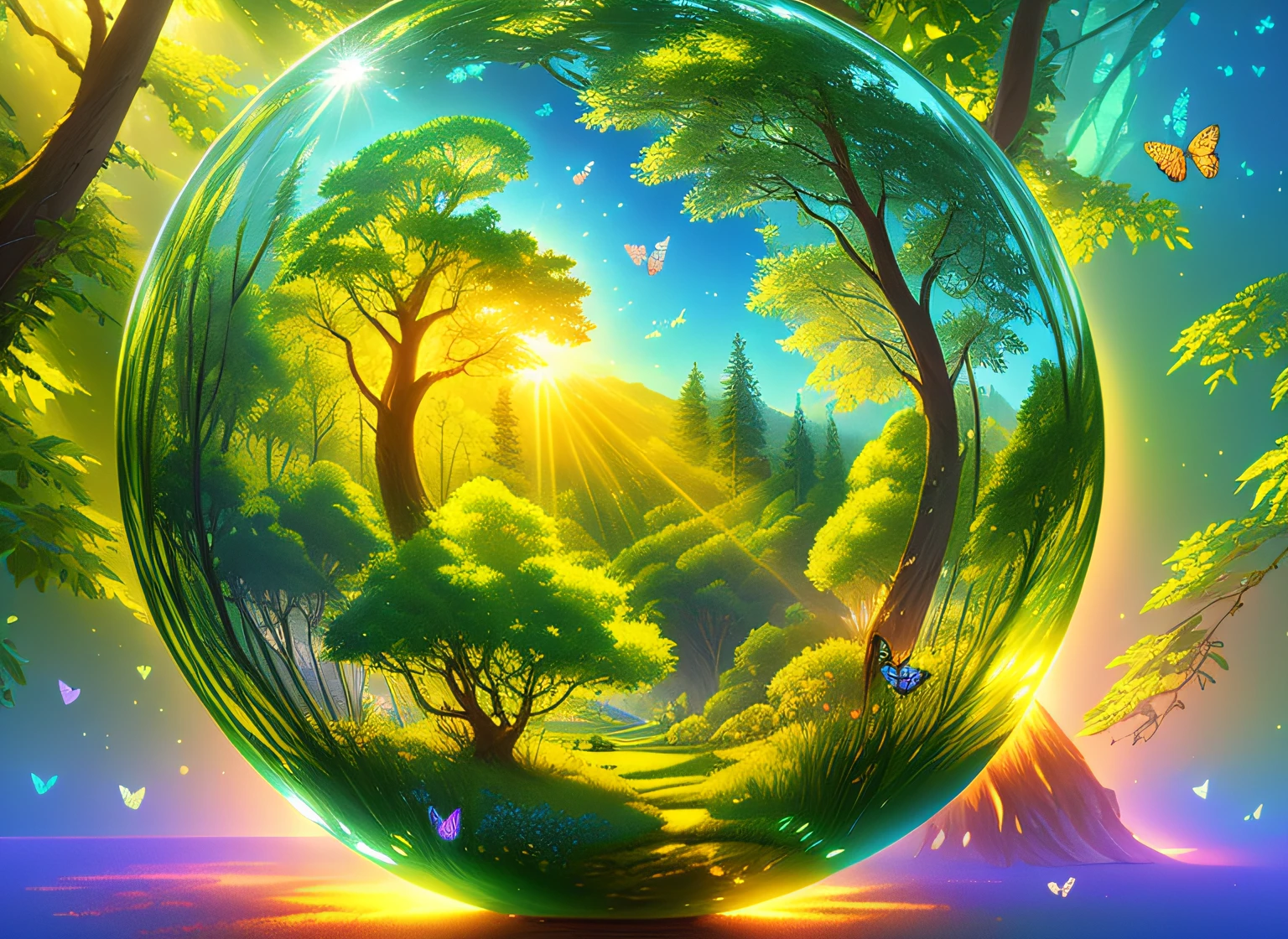 (masterpiece),(best quality:1.0), (ultra highres,), detailed, a glass ball with a tree inside of it, digital art, cg society contest winner, butterflies and sunrays, concept art design illustration, beautiful digital illustration, closed ecosystem