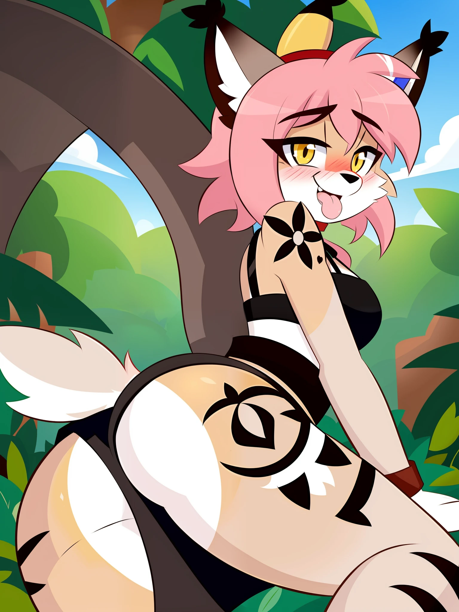 By kilinah, (coffeesoda:1.1), hioshiru, kilinah, furry, lynx, anthro, female, solo, native, indigenous, native tattoos, gray bra, gray loincloth, slave, red headband, pink hair, yellow eyes, eyes up, mouth open, tongue out, blushing, face of pleasure, breathless, butt, jungle