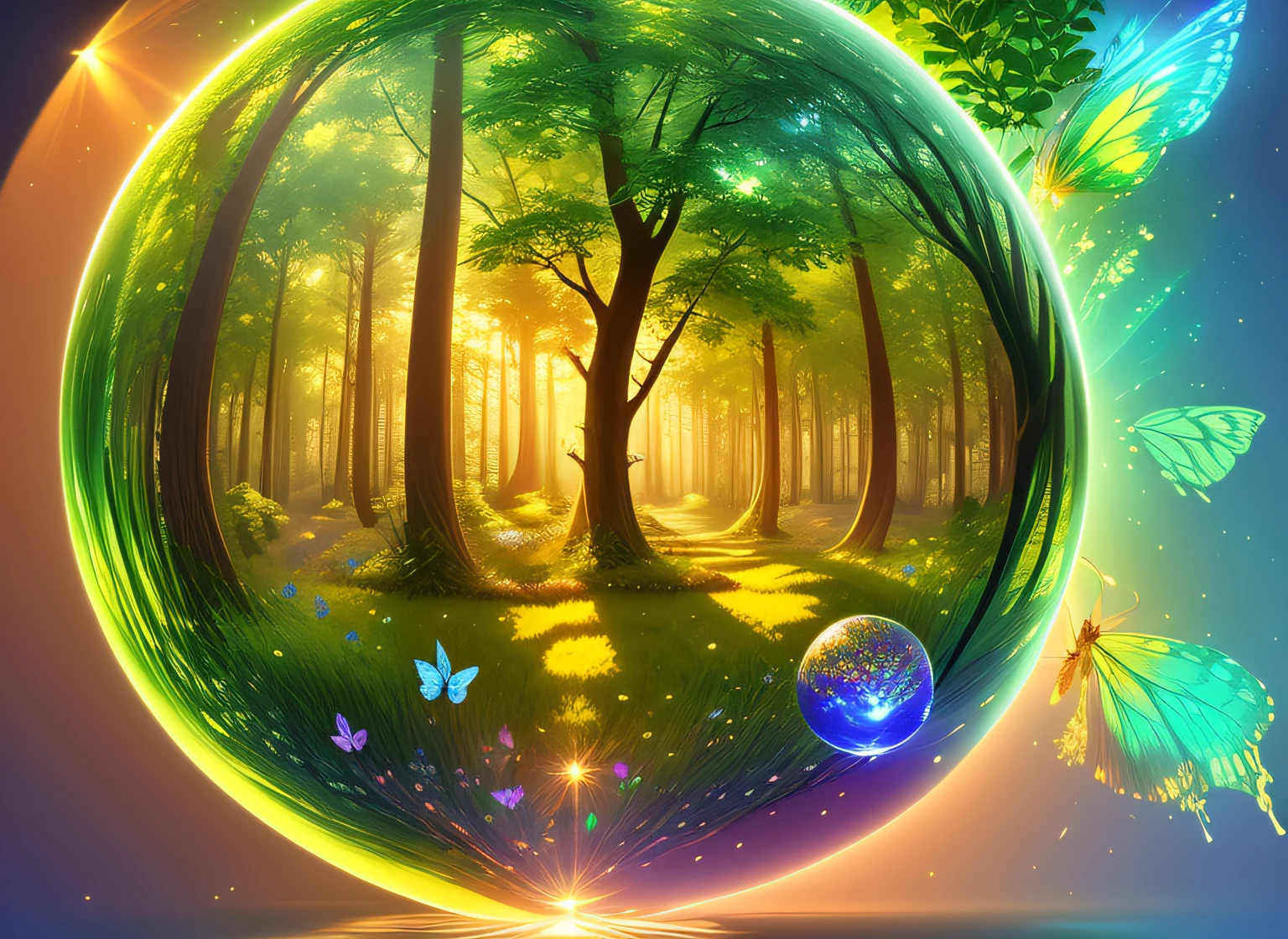 (masterpiece),(best quality:1.0), (ultra highres,), detailed, a glass ball with a tree inside of it, digital art, cg society contest winner, butterflies and sunrays, concept art design illustration, beautiful digital illustration, closed ecosystem