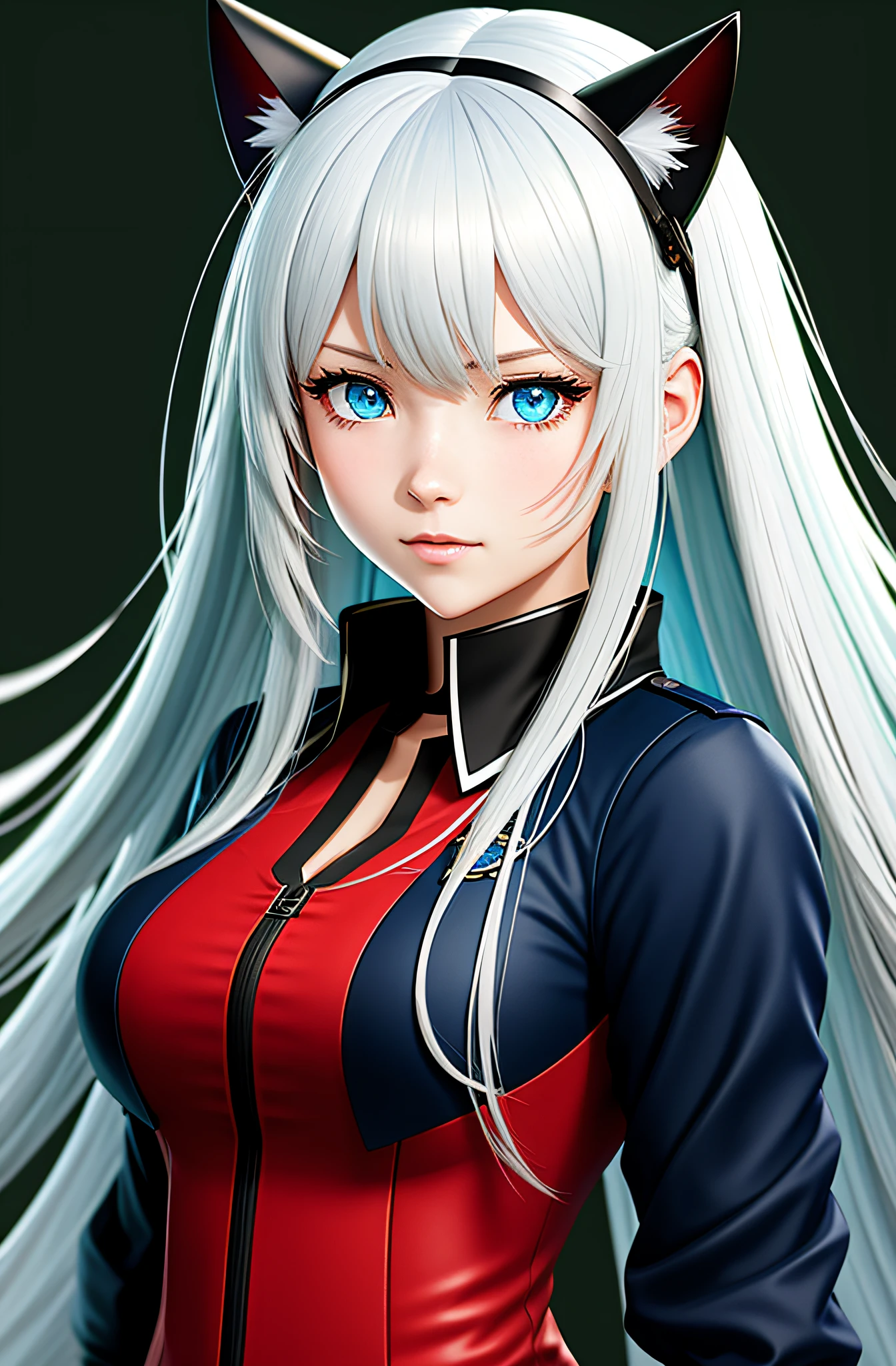 a face of an anime character with long white hair, bangs between the ((blue eyes)), in front of a dark green background without details, blue eyes, girls frontline, kantai collection style, official character art, girls frontline cg, best anime 4k konachan wallpaper, girls frontline style, fus rei, azur lane style, official art, Anime girl wearing a red dress, red cat ear