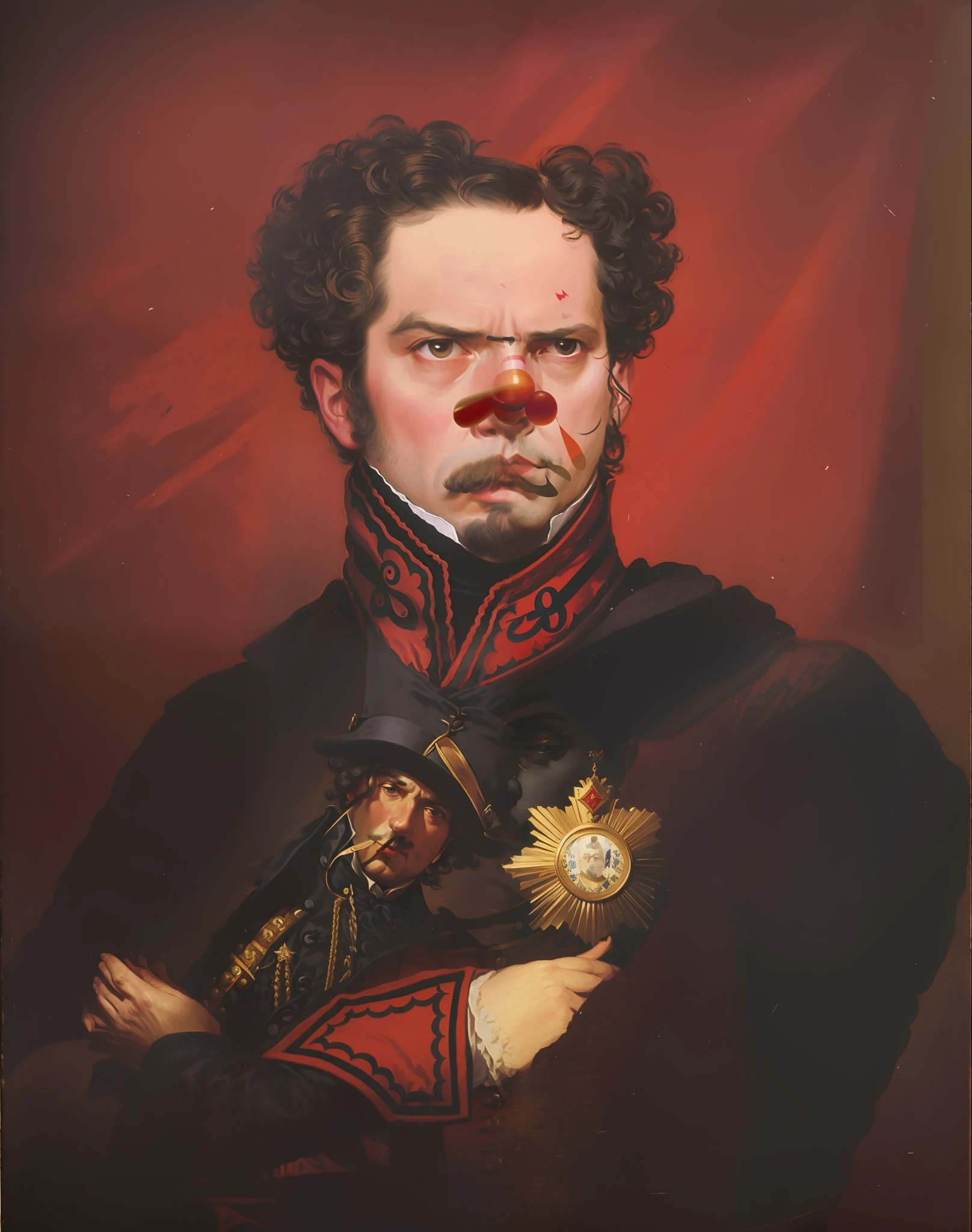 painting of a man in a military uniform with a fake face, portrait of a mad general, portrait of a victorian era duke, franz schubert look alike, communist clown portrait, imperial portrait, portrait of a victorian duke, inspired by Horace Vernet, portrait from hell, portrait in the style of craola, kanye west as emperor napoleon, pepe, royal portrait