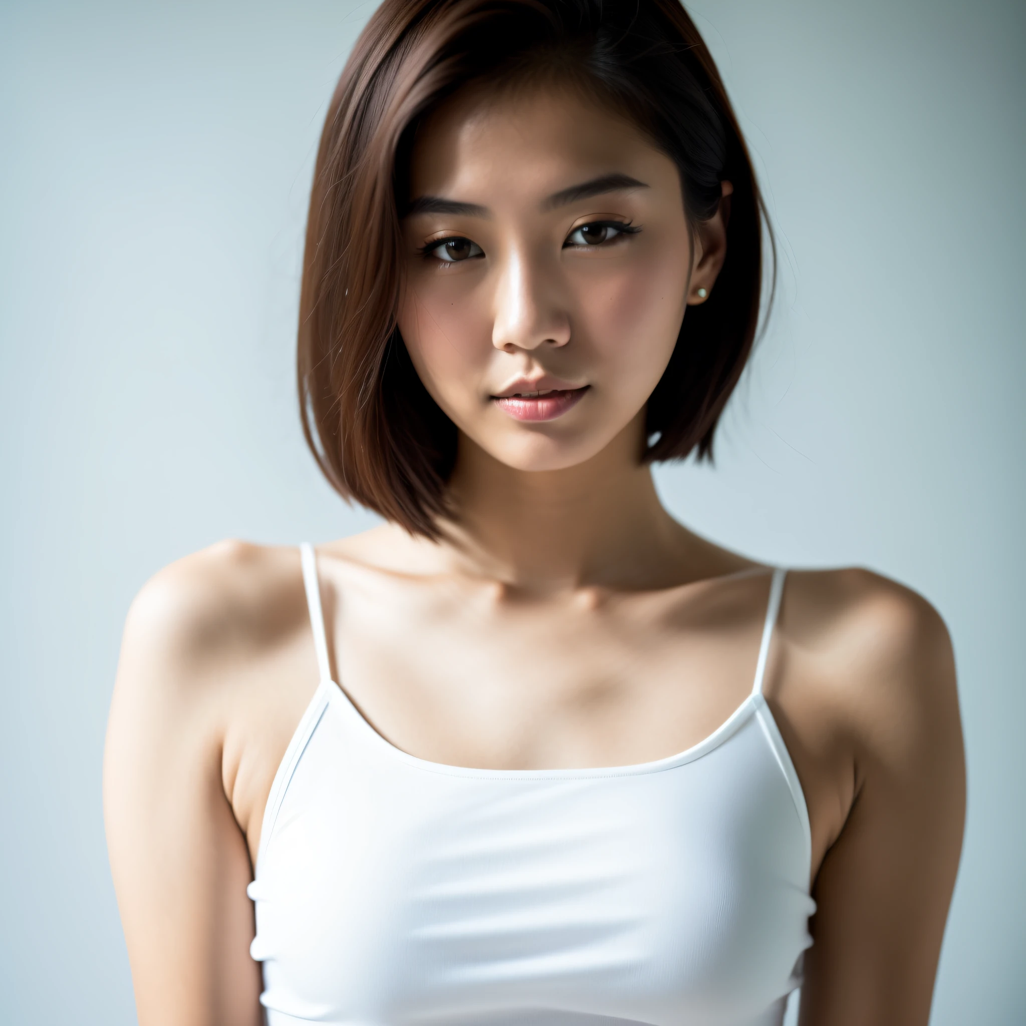 there is a woman in a white top posing for a picture, wearing white camisole, a young asian woman, with short hair, young asian woman, beautiful young asian woman, an asian woman, beautiful asian woman, young cute wan asian face, gorgeous young korean woman, japanese model, beautiful young korean woman, 60mm portrait, photo of slim girl model