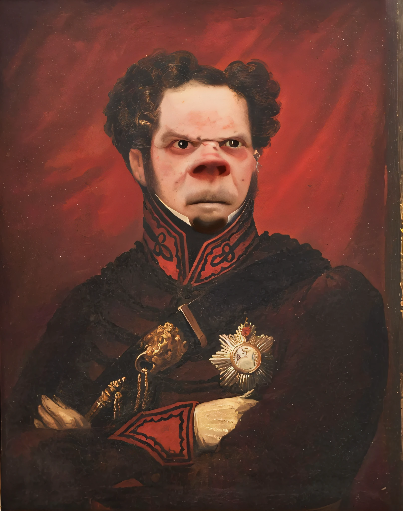 painting of a man in a military uniform with a fake face, portrait of a mad general, portrait of a victorian era duke, franz schubert look alike, communist clown portrait, imperial portrait, portrait of a victorian duke, inspired by Horace Vernet, portrait from hell, portrait in the style of craola, kanye west as emperor napoleon, pepe, royal portrait