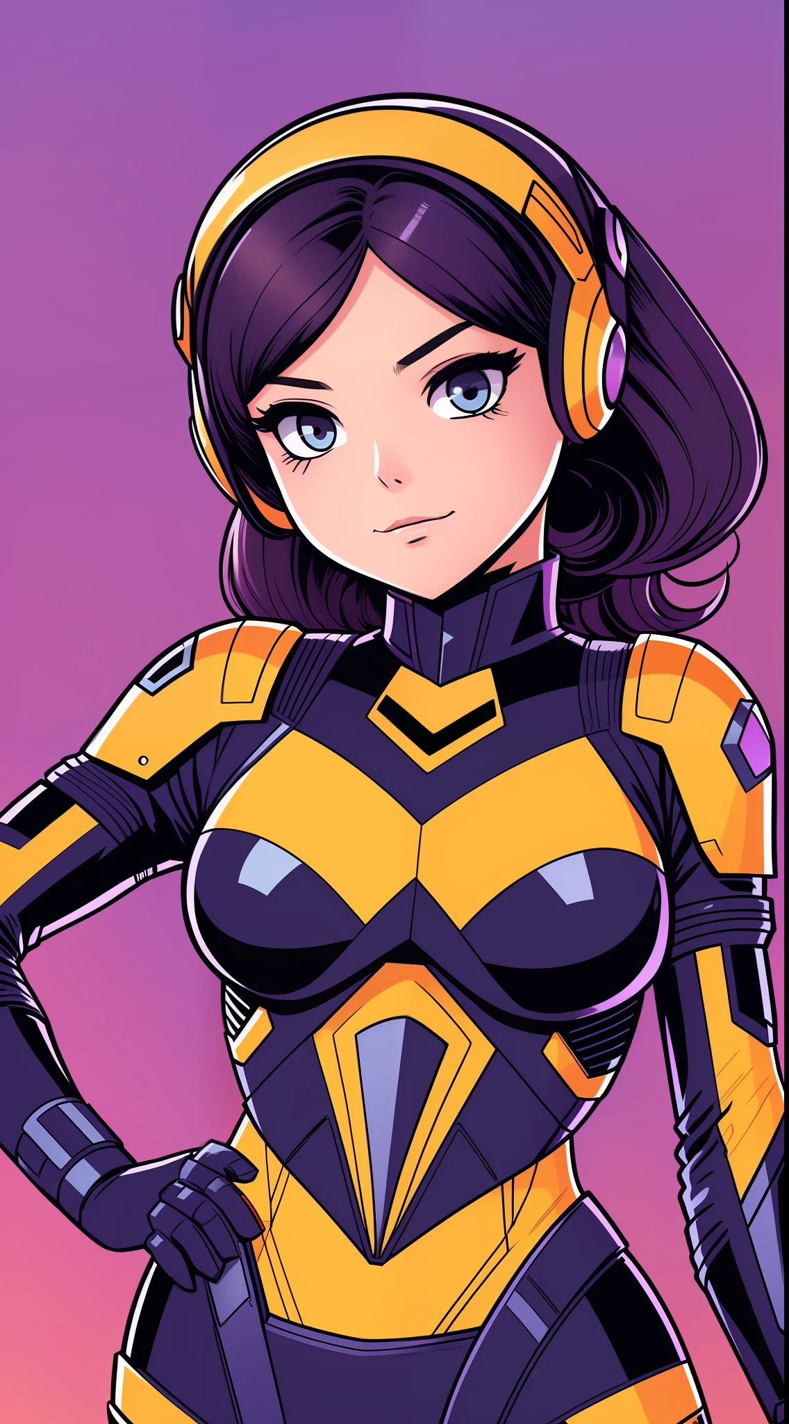 A beautiful android woman wearing EVA suit, flat background, style of Skottie Young