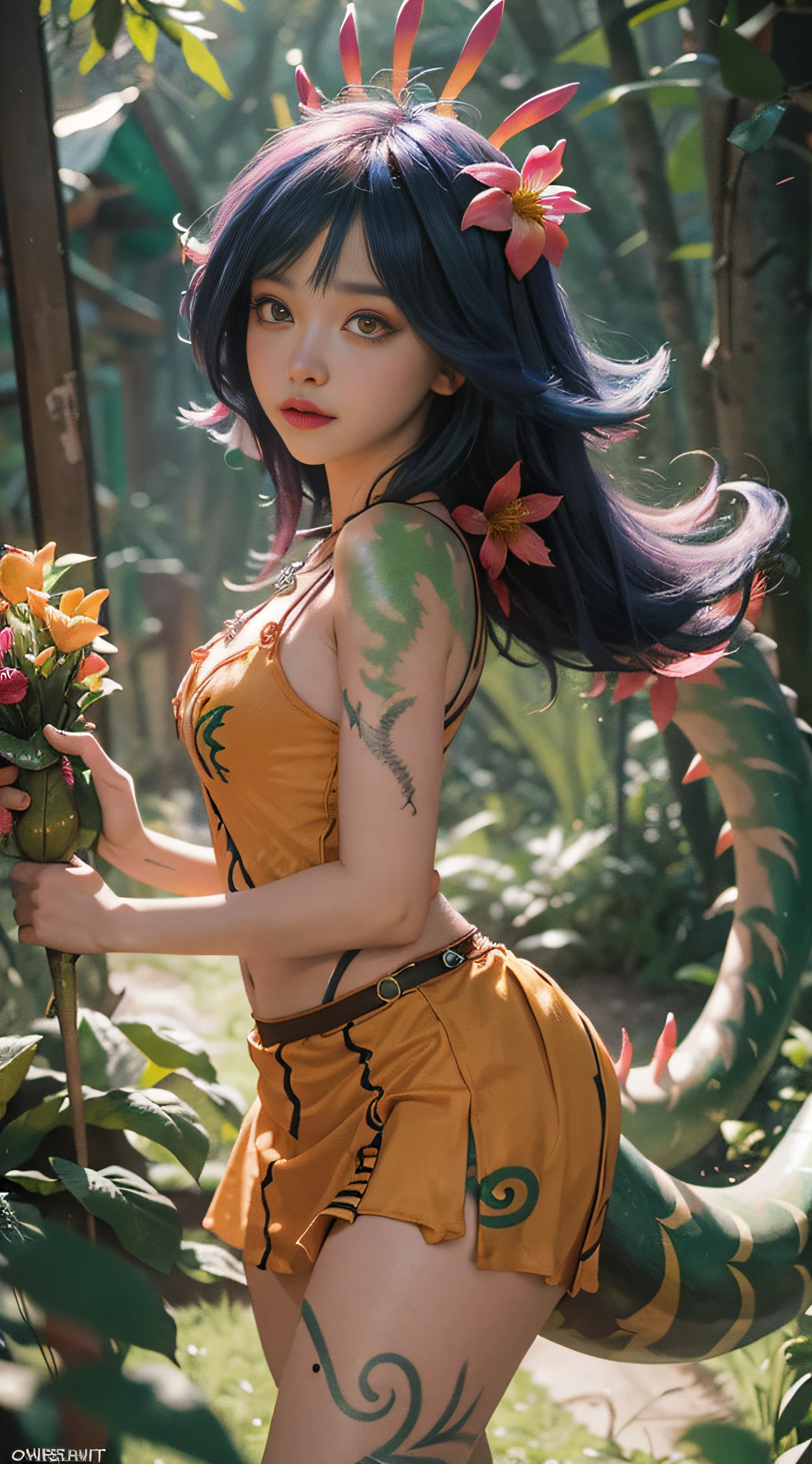 best illustration, illustration, bright colors, masterpiece, best quality, absurd, night, jungle, blurred background, 1 girl, beautiful face, detailed eyes, looking at the audience, opposite, sexy, word horse, full body, neeko, face marker, hair accessory, flower hair, necklace, lizard tail, multicolored skin, body painting, short skirt, opal color