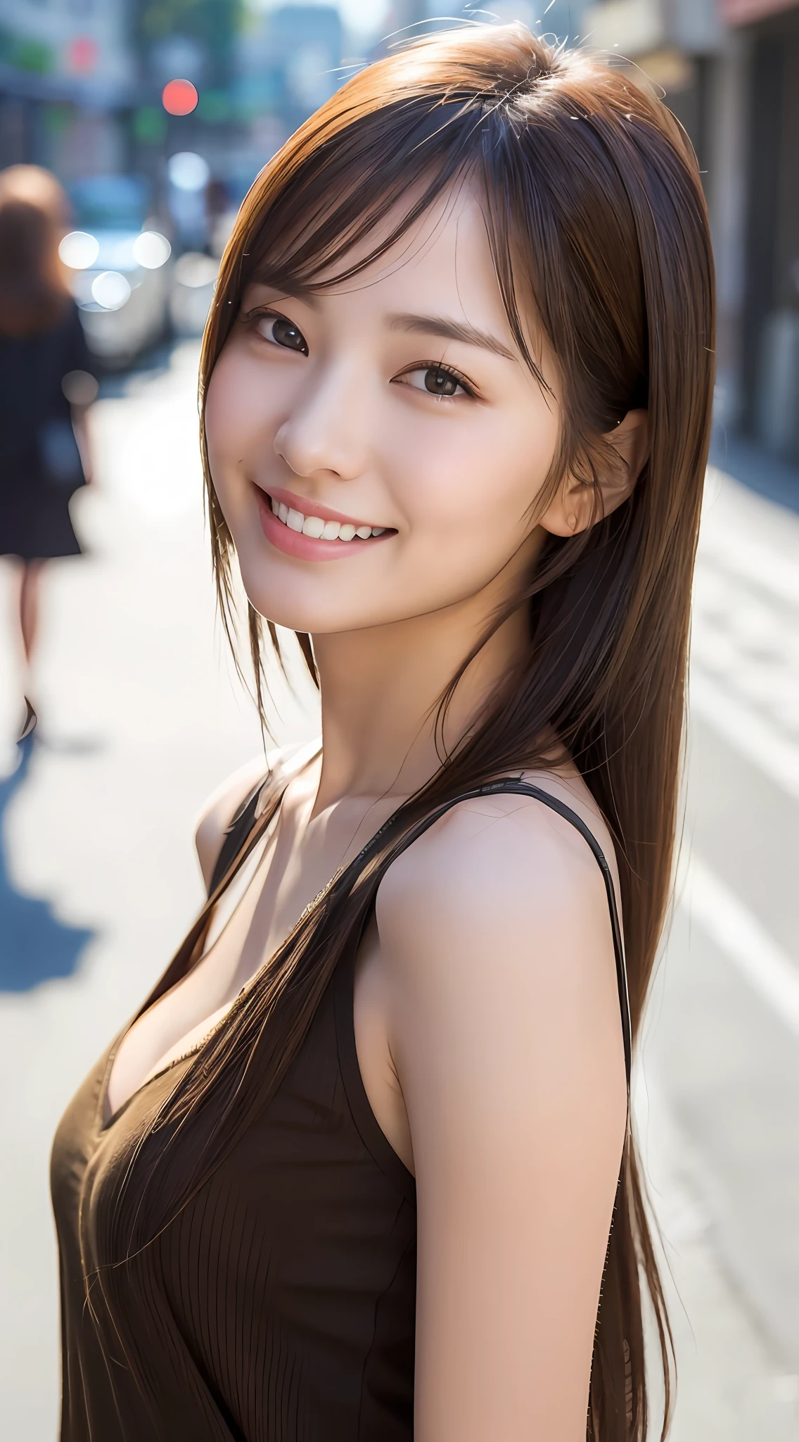 Front, RAW photo, camera line of sight, top quality, 8k, masterpiece, sharp focus, white blouse, pretty features, best smile, cute smile, beautiful woman in perfect style: 1.4, slender, dark brown hair, natural light, city street, highly detailed face and skin texture, detailed eyes, double eyelids