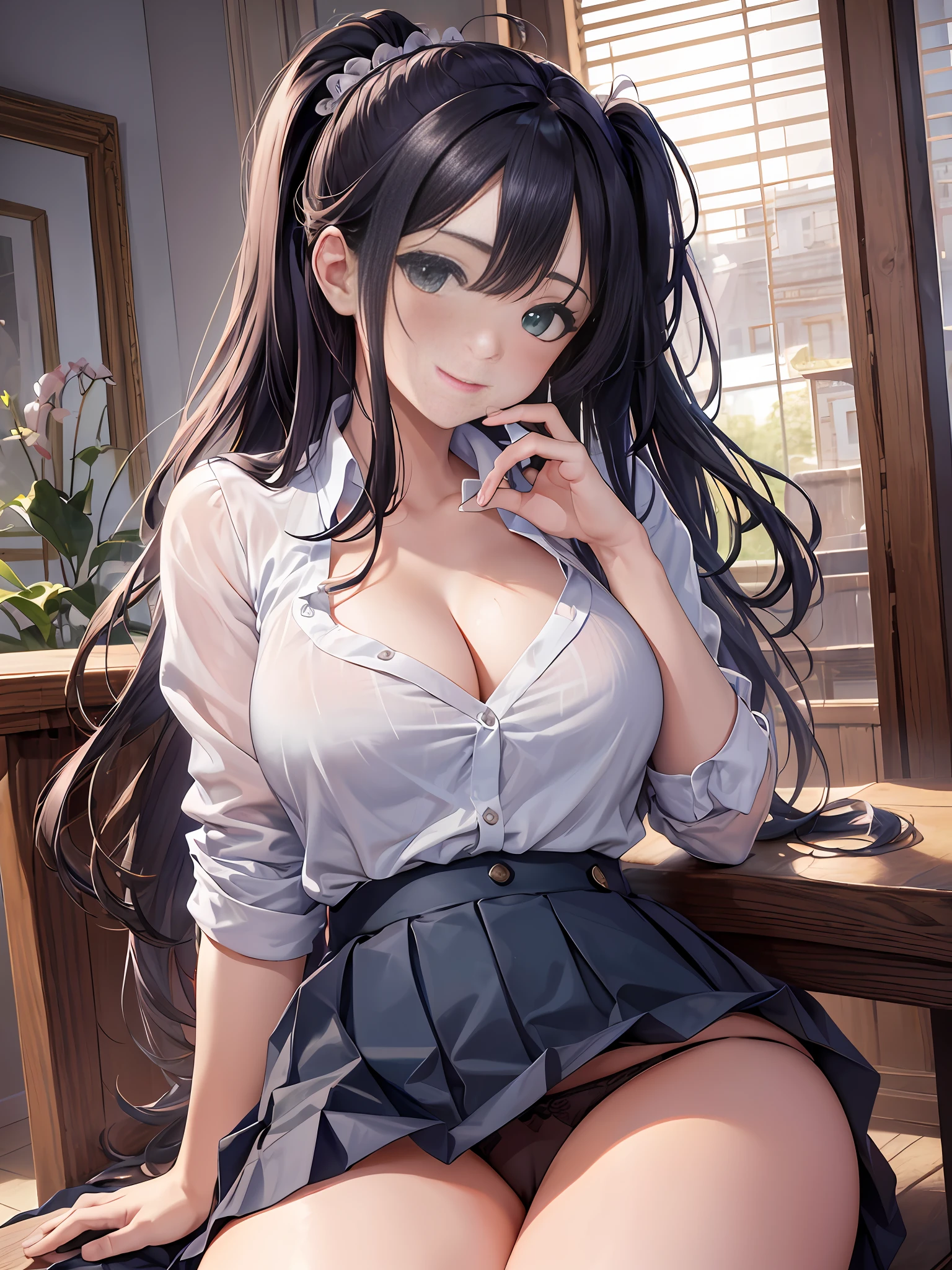Masterpiece, Best Quality, Official Art, (Highly Detailed CG Unity 8k wallpaper), Detailed background, (Hands by Guido Daniele: 1.1), Feet out of frame, First Person POV, 1, Attractive and perfect beautiful woman, Schoolgirl, JK, schoolgirl uniform, spring, cherry, wind blowing, (((Show ass, butt sticks out, flipping skirt, panties visible, gaze from oblique down))), sitting, legs open, optimal ratio of four fingers to one thumb, (curvaceous), ( white thighs: 1.12), (blue long hair: 1.12), (ahoge: 1.13), (high ponytail: 1.12), (green eyes: 1.13), looking at the viewer, big, (cleavage), beautiful face, (blush: 1.11), (smile: 1.11)