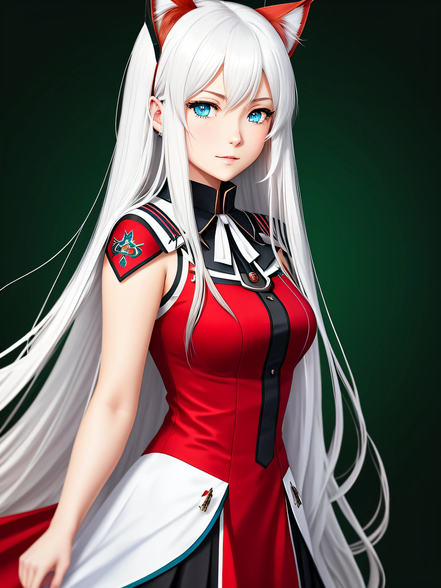a face of an anime character with ((long white hair)), fringe between the ((blue eyes)), in front of a dark green background with no details, ((blue eyes)), frontline girls, kantai collection style, official character art, girls frontline cg, best anime 4k konachan wallpaper, girls frontline style, fus rei, azur lane style, official art, anime girl wearing a red dress, ((red cat ear))