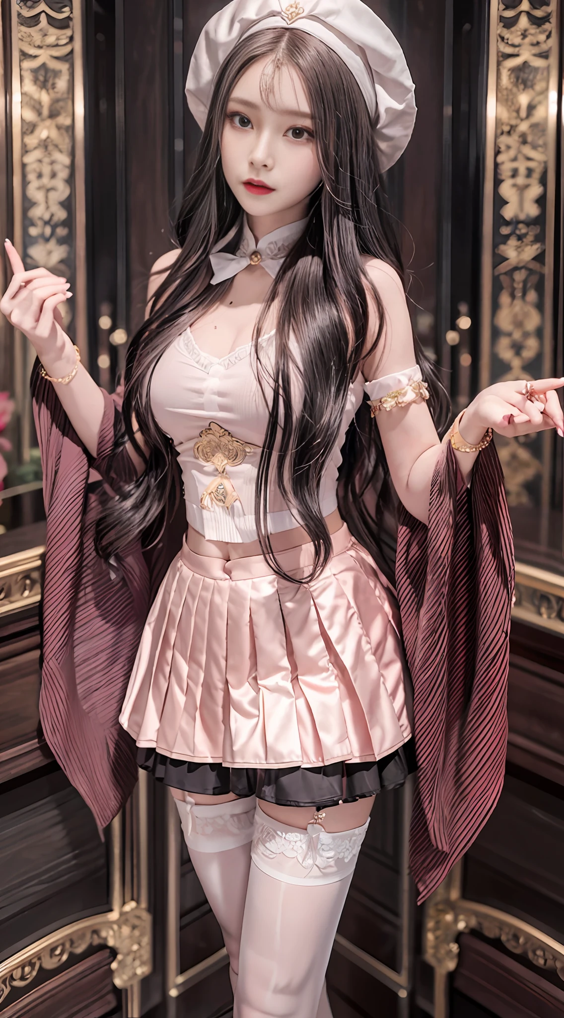 Beautiful girl, masterpiece, light makeup, pink lips, wavy long hair, ink dye original [Xiaoshan Qing] Song Han costume women's Changgansi waist-length pleated skirt daily spring, summer and autumn style, full body, graceful, elegant. ((Details Real Finger: 1.5)) Ultra-fine details, ultra-high resolution, high image quality, high quality, 4k, master works, real texture, movie lighting realism, perfect work, 8k, ultra-high definition, exquisite facial features, slim and hot, S-class small man's waist, bright big eyes, hair and waist, longest hair, black suspender stockings, accurate depiction of facial features, girl taking pictures in the palace, cute smile,