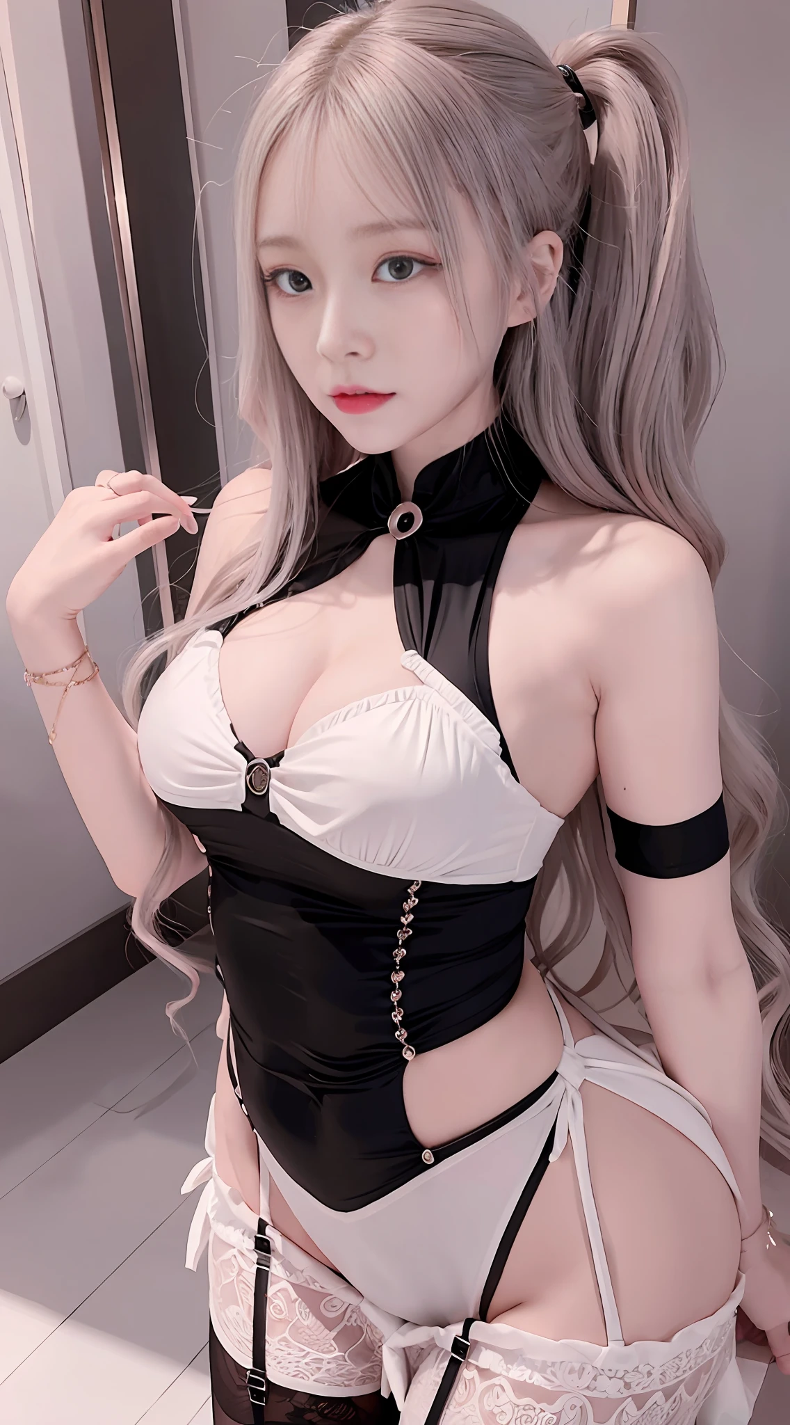 Beautiful girl, masterpiece, light makeup, pink lips, wavy long hair, full body, graceful, elegant. Super fine details, super high resolution, high image quality, high quality, 4k, master works, real texture, movie lighting realism, perfect work, 8k, ultra high definition, exquisite facial features, slim and hot body, S-class small man's waist, bright big eyes, hair and waist, longest hair, Genshin Kamisato Ayaka doujin cosplay costume female linghua dress, black suspender stockings, super long hair, accurate depiction of facial features, especially rich hair, high ponytail, girls go to the supermarket, cute 😄,