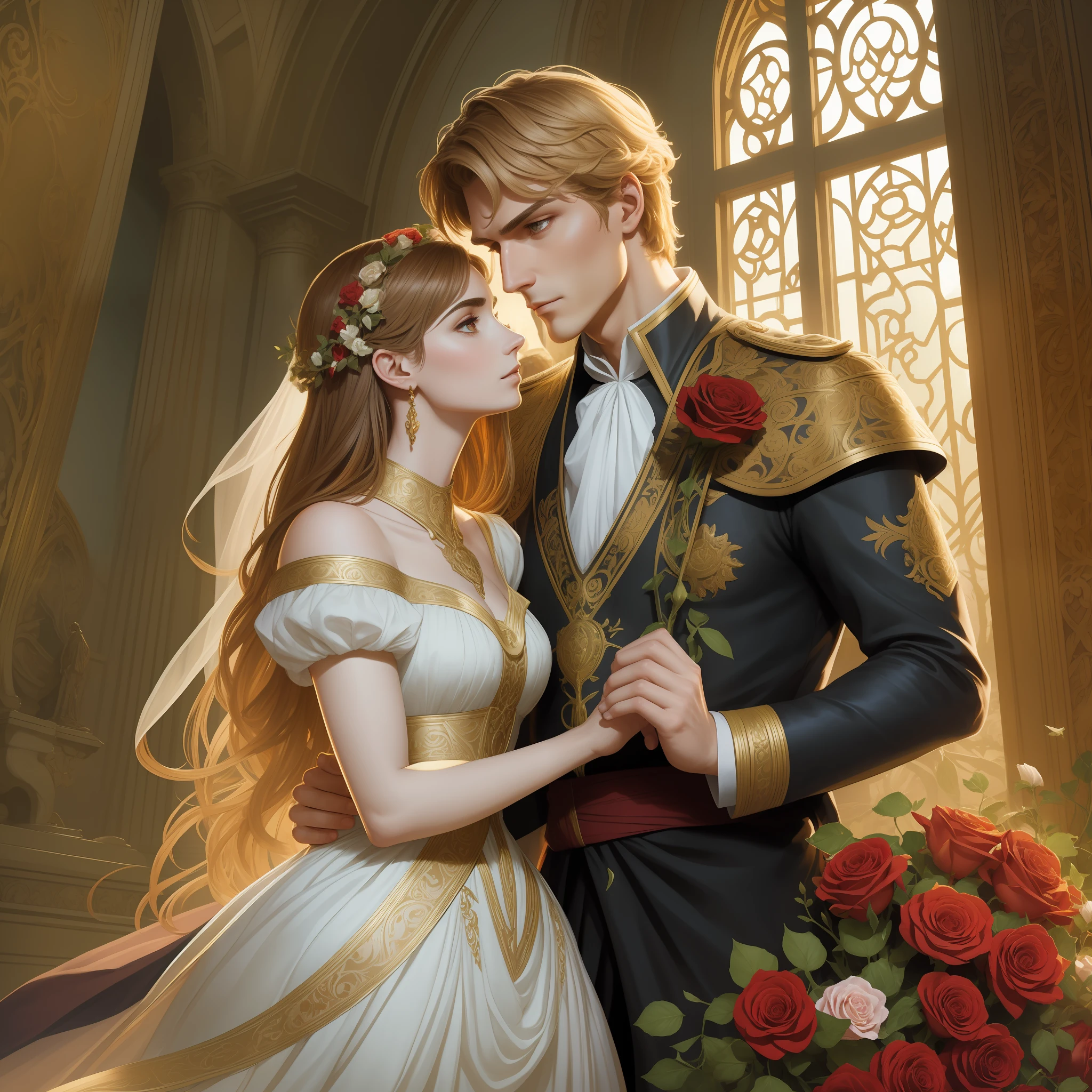 Couple kisses a home and a woman with much affection, the man Neels Visser is a prince who has golden blonde hair, wears a medieval military outfit and is in love with the commoner woman Lily Collins, who has curly brown black hair and wears a red dress, illustration of a romance book cover with a detailed background, smooth, bright full of ivy-covered flowers and red roses, castle, ornate dress standing on a bed of roses, rim light, dynamic lighting, ethereal lighting, ultra detail, conceptual art, elegant, surreal, art by Lisa Aisato, Greg Hildebrandt, Citemer Liu, Stjepan Sejic, Samyang, Aykut Aydogdu, Justin Gerard, Alphonse Mucha, Artgerm, WLOP and Greg Rutkowski