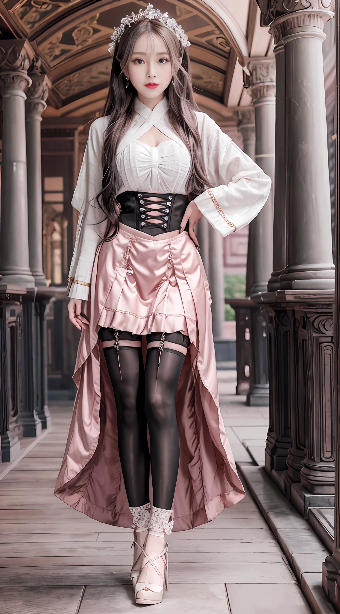 Beautiful girl, masterpiece, light makeup, pink lips, wavy long hair, ink dye original [Xiaoshan Qing] Song Han costume women's Changgansi waist-length pleated skirt daily spring, summer and autumn style, full body, graceful, elegant. ((Details Real Finger: 1.5)) Ultra-fine details, ultra-high resolution, high image quality, high quality, 4k, master works, real texture, movie lighting realism, perfect work, 8k, ultra-high definition, exquisite facial features, slim and hot, S-class small man's waist, bright big eyes, hair and waist, longest hair, black suspender stockings, accurate depiction of facial features, girl taking pictures in the palace, cute smile,