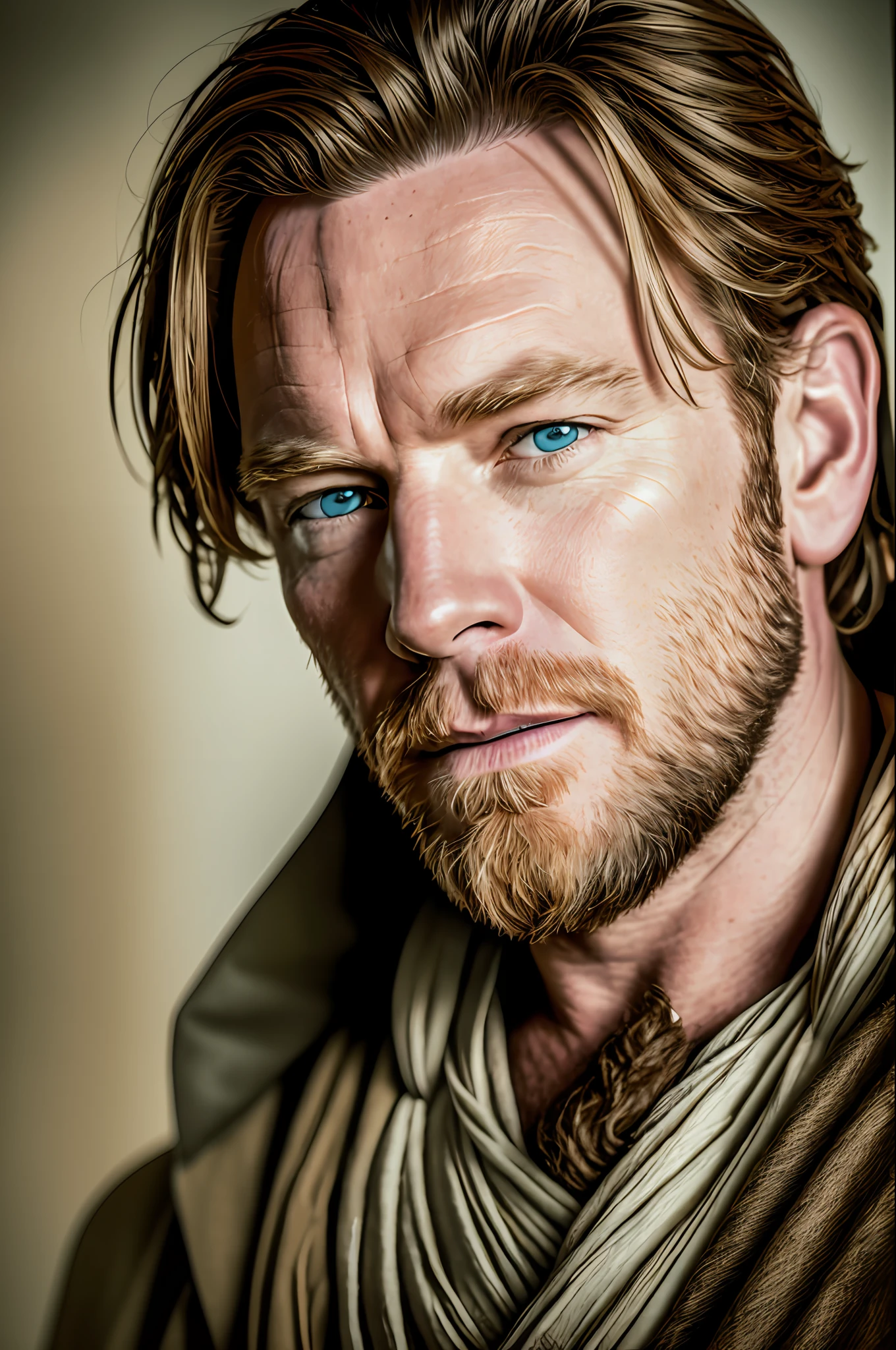 A realistic photo of Ewan Mcgregor, being obi Wan kenobi,8k,hyperdetailed,uhd,8k,severe low lighting,high quality,sharp focus,fujifilm xt3 --auto --s2
