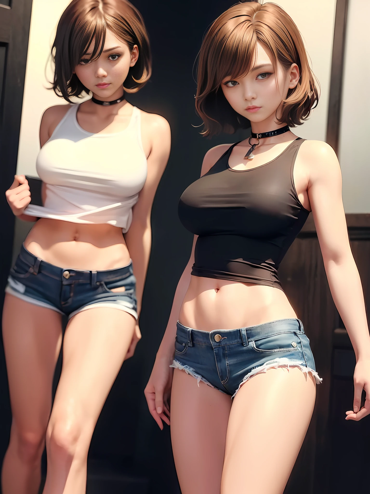 ((Big breasts))), ((Tomboy, small head)), Sunlight, Nikko, (Chiseled abs: 1.1), (Perfect body: 1.1), (Short wavy hair: 1.2), (Short wavy hair: 1.2), Reddish brown hair, collar, chain, full body shot, crowded streets, black tank top, jeans jacket, (Shorts)), (CG 8k wallpaper with very detailed detail), (Very delicate and beautiful), ( masterpiece), (Best Quality: 1.0), (Ultra High Definition: 1.0), Beautiful lighting, perfect lightning, realistic shadows, [High Definition], Detailed skin, Ultra detailed