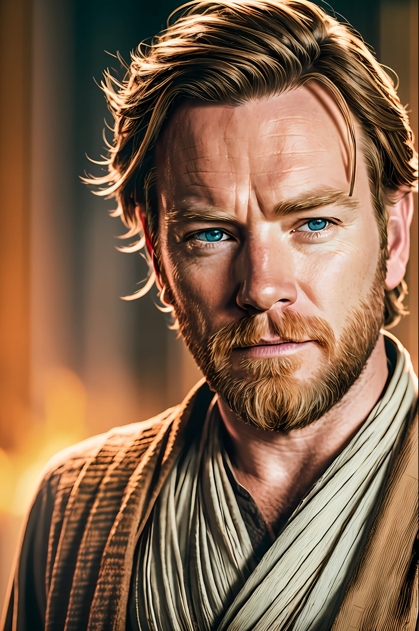 A realistic photo of Ewan Mcgregor, being obi Wan kenobi,8k,hyperdetailed,uhd,8k,severe low lighting,high quality,sharp focus,fujifilm xt3 --auto --s2