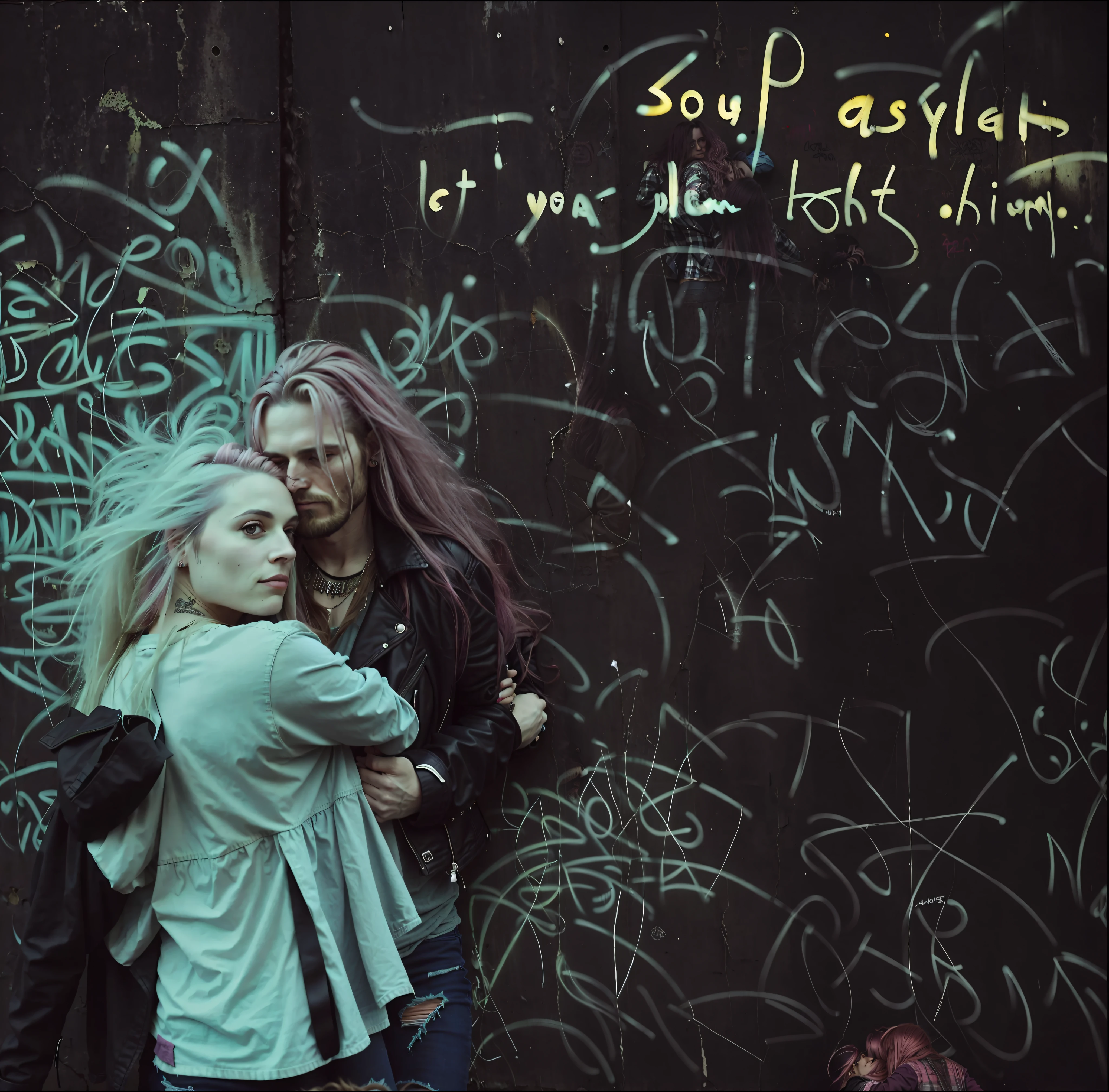 A long-haired man wearing ripped jeans and a plaid shirt, a pink-haired woman wearing ripped jeans and a leather jacket, hugging each other facing a graffitied and broken wall, a gorgeous sunset in the background, Sepia