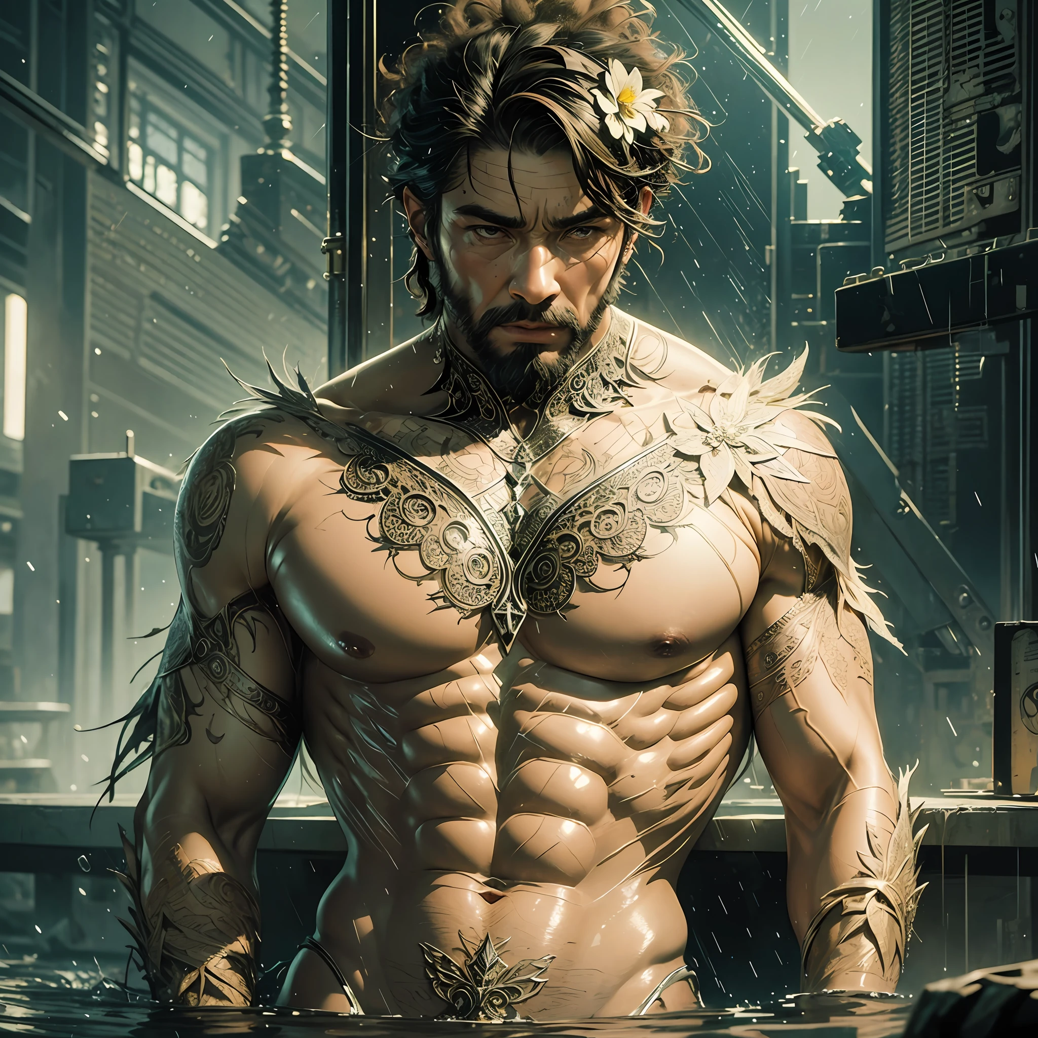 perfect composition, perfect face, beautiful detailed intricate insanely detailed octane render trending on artstation, muscles, naked body, a beautiful and lace underwear, modern, muscle men, colorful flowers, sweat, painter, naked body, forest, rain, swan, with beautiful features, painter, afro, indian, latin, accidental, trending on artstation, sharp focus, studio photo, intricate details, highly detailed, by greg rutkowski --auto --s2