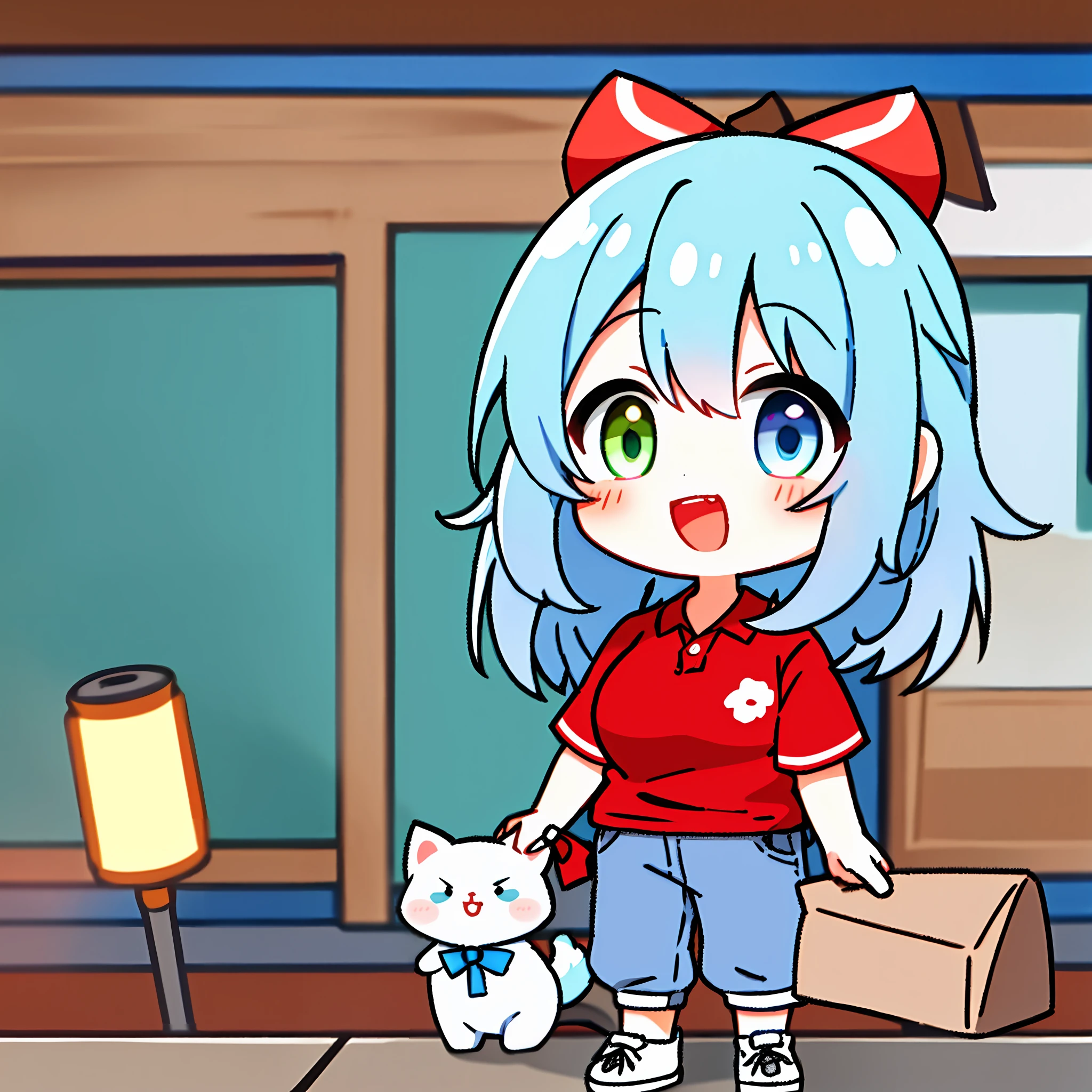 Hurray, "Kyoto Animation" style anime illustration, highest quality, (cute: 1.1), (cute), (high resolution: 1.2), incredibly ridiculous: 1.3, incredibly fine illustration, cute girl, (heterochromia, light blue eyes and light green eyes), solo, standing figure, happy, :d, masterpiece, highest quality, absurdity, high resolution, official art, (cute: 1.8), ((Chibi character: 1.5)), Solo, (((light blue hair, side tail, red ribbon)), Thin hair, 1 beautiful girl, (Cute: 1.8), Caregiver, (Short sleeve plain red polo shirt, beige long pants)), watch the viewer, Front, Princess eyes, Big breasts, Front view, Car driver's seat, cute sneakers, Deformed character