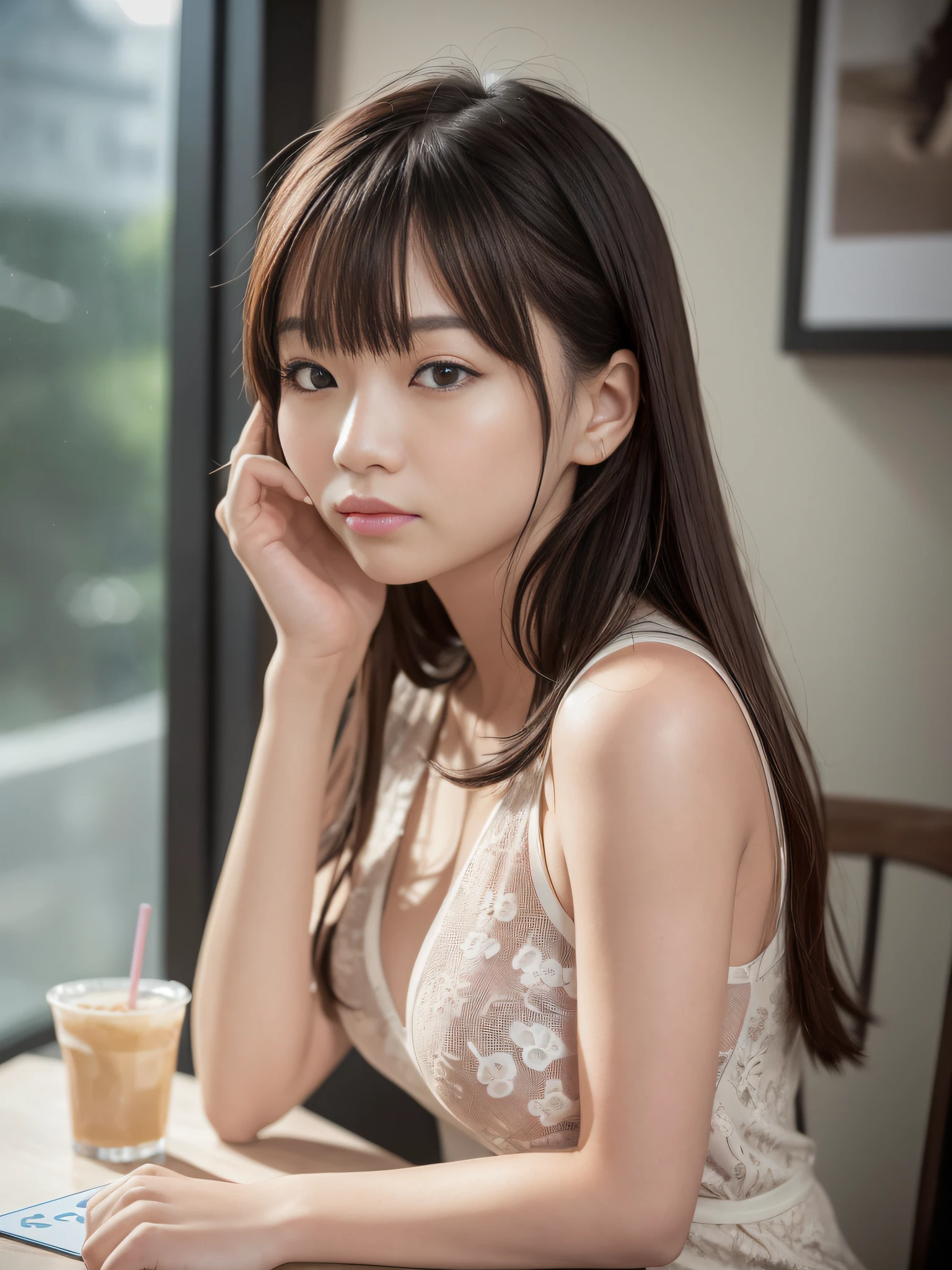 Bust photo of a cute 25 year old Chinese woman and charming Instagram model sitting in a modern fashion café, single eyelids, pouting lips, sweet and amiable ::2 photo taken with Canon 6D Mark II, shot with Canon 6D Mark II, f/4 and ISO 100::5 glamour photo, award-winning photo, detailed skin texture, clear focus, natural lighting, post-processed film grain --AR 3:4--C 50--S 1000 --V 5.1 --S 750 -- Style original --auto --s2