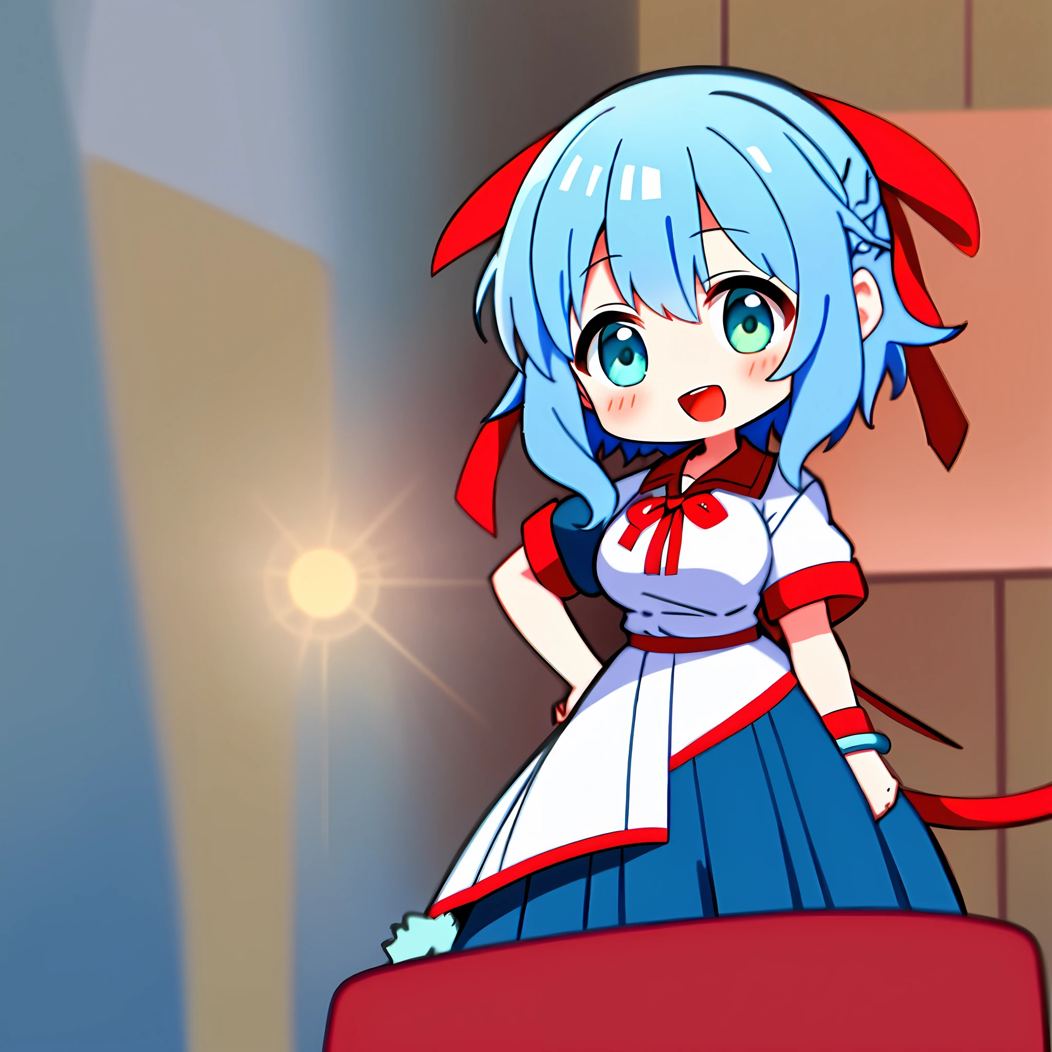 Hurray, "Kyoto Animation" style anime illustration, highest quality, (cute: 1.1), (cute), (high resolution: 1.2), incredibly ridiculous: 1.3, incredibly fine illustration, cute girl, (heterochromia, light blue eyes and light green eyes), solo, standing figure, happy, :d, masterpiece, highest quality, absurdity, high resolution, official art, (cute: 1.8), ((Chibi character: 1.5)), Solo, (((light blue hair, side tail, red ribbon)), Thin hair, 1 beautiful girl, (Cute: 1.8), Caregiver, (Short sleeve plain red polo shirt, beige long pants)), watch the viewer, Front, Princess eyes, Big breasts, Front view, Car driver's seat, cute sneakers, Deformed character