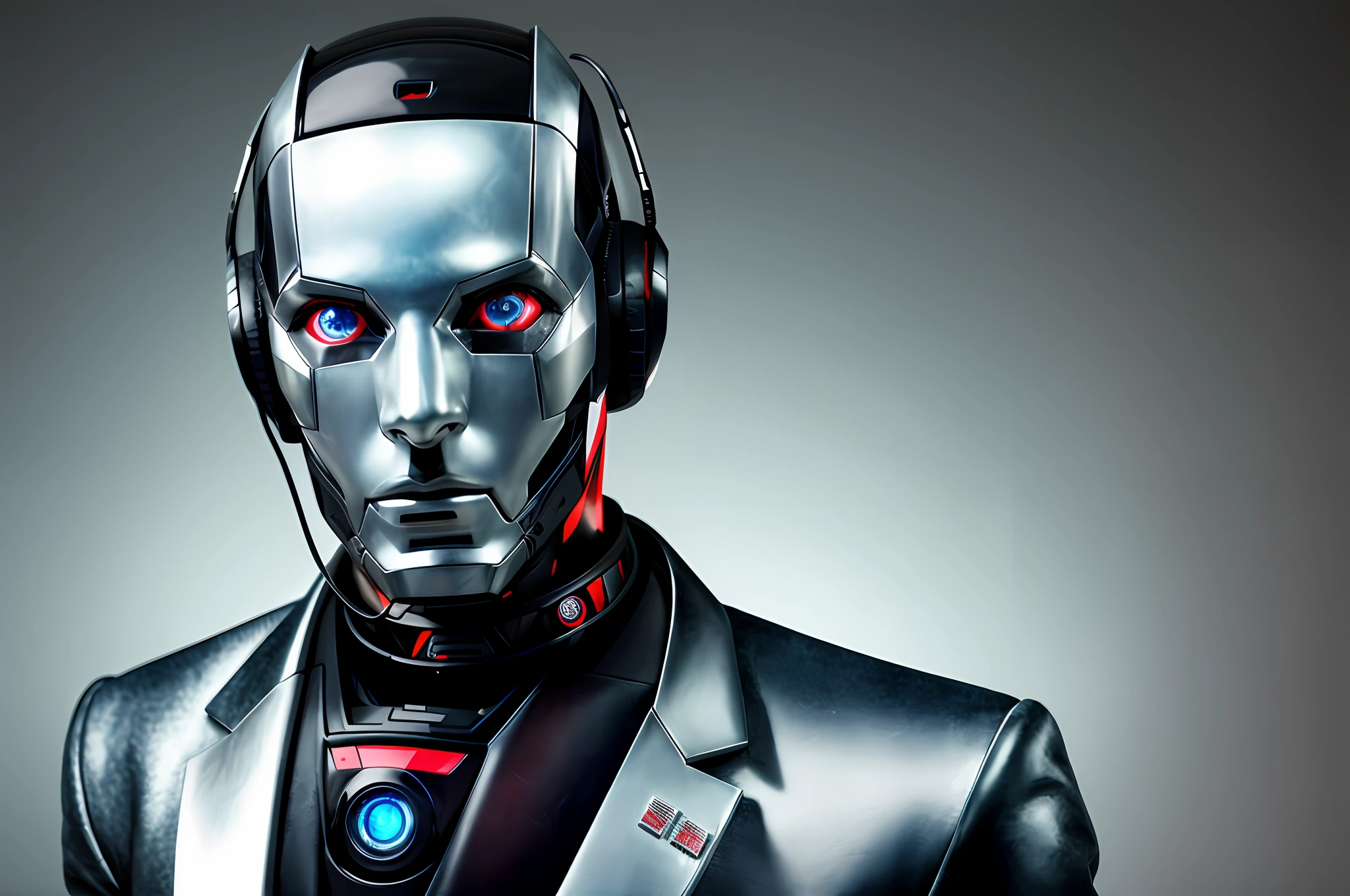modelshot style, a portrait of robot man wearing announcer outfit, with friendly face, closed mouth blue eyes
