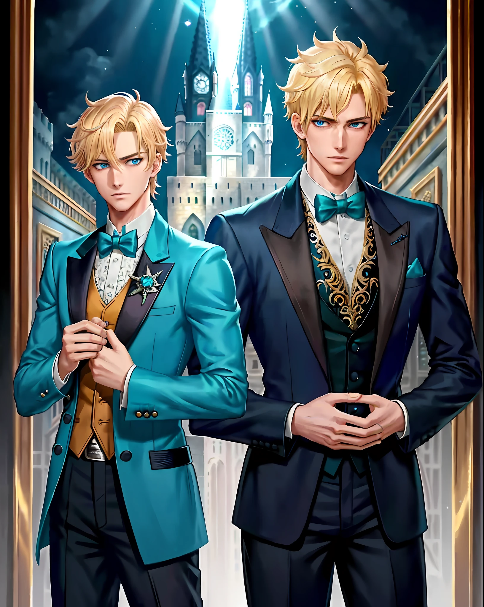 1boy, (man), manly body, God of love and desire, anime, extremely detailed, hyper detailed, (broad shoulders), (PERFECT FACE), illustration, soft lighting, 2d, intricate, cowboy shot, detailed eyes, blonde hair, short hair, teal blue eyes, sexy, toned, black tuxedo, (outside), castle tower