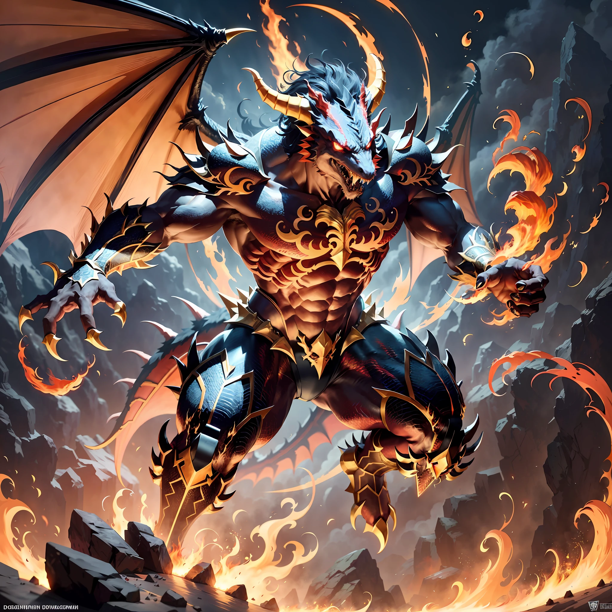 Draconius is a colossal dragon, with resplendent scales in shades of red, orange and gold. Its body is adorned with sharp spines that run down its backbone and its wings are majestic, capable of creating currents of hot air and powerful flames. He emanates an aura of power and fury.

Powers: Draconius is the lord of fire and chaos. He can conjure devastating flames, spit fire, and create fiery explosions with a simple puff. His physical strength is overwhelming and he possesses impressive endurance. In addition, he has the ability to fly with great dexterity and use his claws and teeth as lethal weapons. Dynamic pose, ultra detailed, 8K, 4K, high resolution, perfectly drawn, extremely detailed, animated pose, cinematic light, cinematic shadow, perfectly drawn hands, detailed face, detailed background, rich background image of details