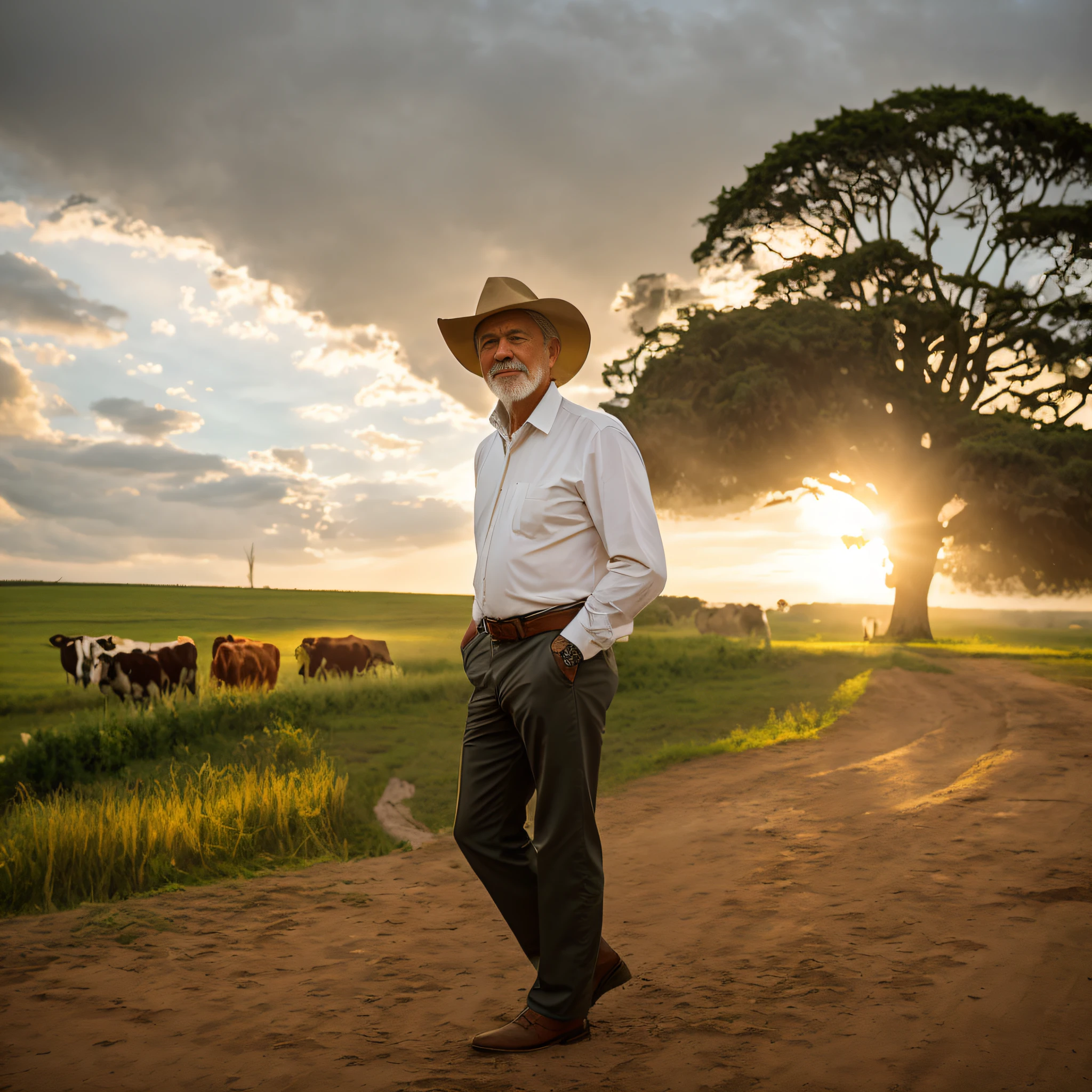 a man standing in front of a large tree in a field with cows in the background, white man of 78 years, short hair, with village, in the field, beautiful surroundings, 78 years old Brazilian father, pastoral, on a farm, rural, with horse led, agricultural lands, Amazonian indigenous peoples in Brazil, profile image, farmer, men and cattle, Ultra realistic, intricate, 4K details