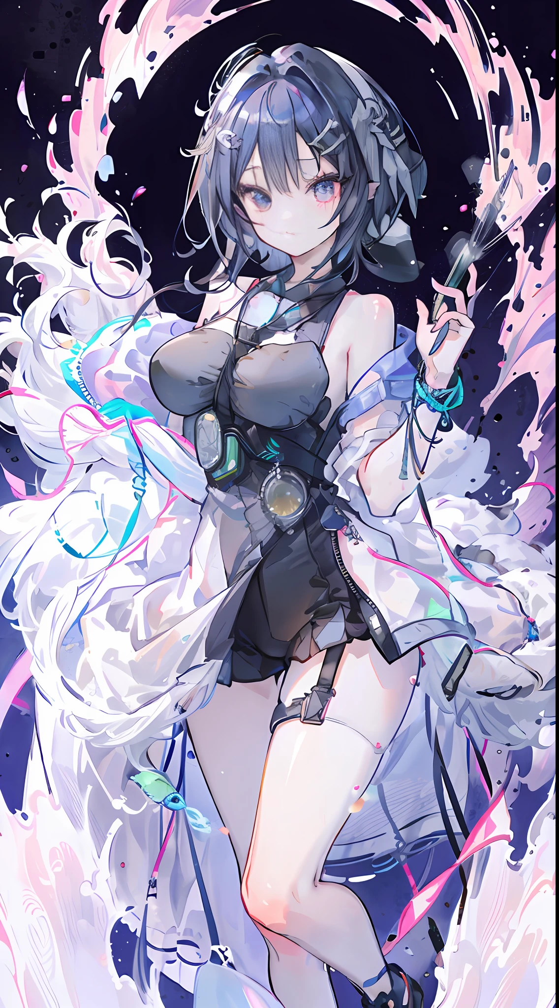 Dream monkey, fluffy, delicate dream hair with color luster, jewel-like eyes, hand portrayal, beautiful and vibrant expression, fine detail description, glowing body, perfect head-to-body ratio, delicate full-body portrayal, delicate hand depiction water, smart white bright abnormal eyes, mechanical artificial eyes, white eye sockets, detailed description, eyes sparkling, childish skin tone, pale face, cold white skin, high nose bridge, red lips, delicate hand depiction, dynamic, expression, tsundere, proud look, pure wind, pure, snow white, pink silk, holy, noble, dreamy, delicate, fresh, wind chimes, feather wool, pattern, lace, fireworks, okra anemone, hat hairpin, frills, streamers, ribbons, lace, silk, flower ribbons, hairpins, jewelry, veils, nails, bracelets, pendants, crotch, suspenders, belts, jewelry, motion effects, floating, floating, swimming, dancing, sports, dancing, ice sculpture, elegance, breeze fantasy, technology, futuristic, lifelike, zen, God, God, Mystic Fantasy, Hazy, Heaven, Dust, Life, Snow Blood Emoticon, Color Burst, Blue-Pink Grading, Black & White, Crystal Clear, Contrasting Color, Effect Stereo, UE5 Render Engine, Tindar Effect, Light Particle, Light, Halo, Light Effect, Refraction, Backlight, Pan, Laser, Extreme Glare, Brilliant Light Tracking, Bright, Flicker, Smoke, Bokeh, Shadow, (RAGE9 Render Engine)