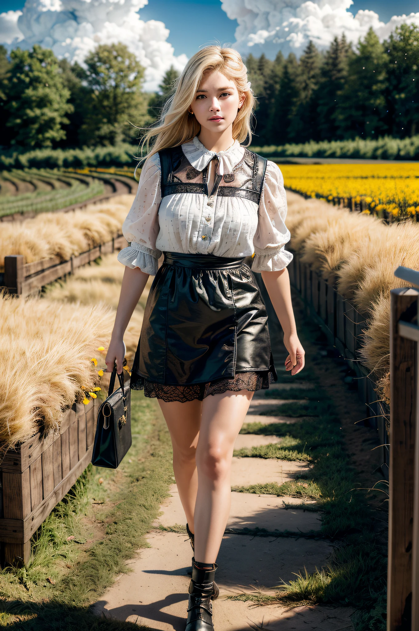 (realistic:1.3), finely detailed, quality, rembrandt lighting, (masterpiece:1.2), (photorealistic:1.2), (best quality), (detailed skin:1.3), (intricate details), dramatic, ray tracing, 1girl, american white girl, blonde hair, 21 years old, medium breasts, (Meadow, Sun, Clouds, Field, Farming, Starlight, Walking trail)