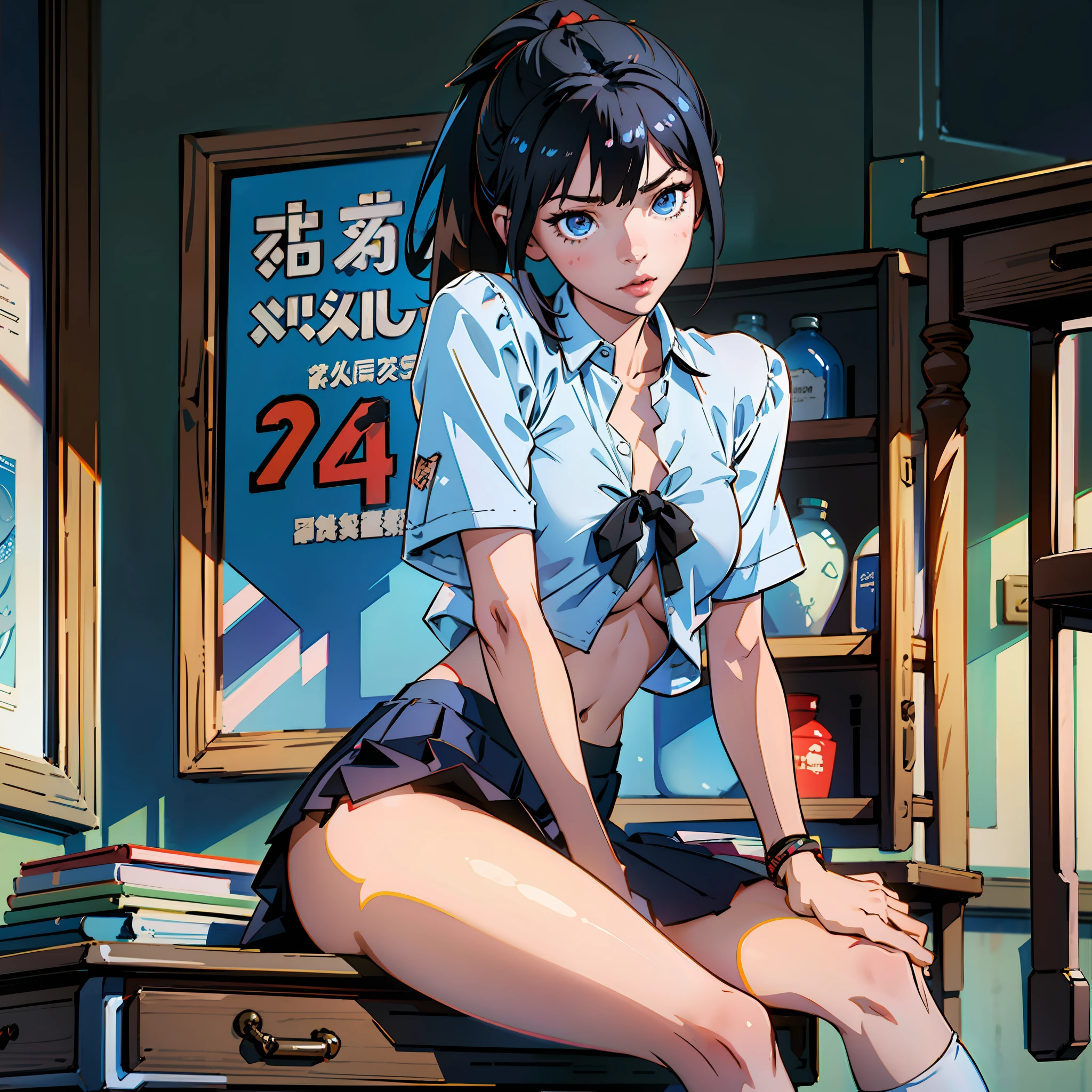 16k, UHD, Hyperrealistic, best quality, high detail, anime style, beautiful woman, school girl outfit, very short skirt, short unbuttoned top, exposed stomach, high socks, black hair in a pony tail, blue eyes, beauty mark, sitting on desk, legs spread, panties exposed, underboob