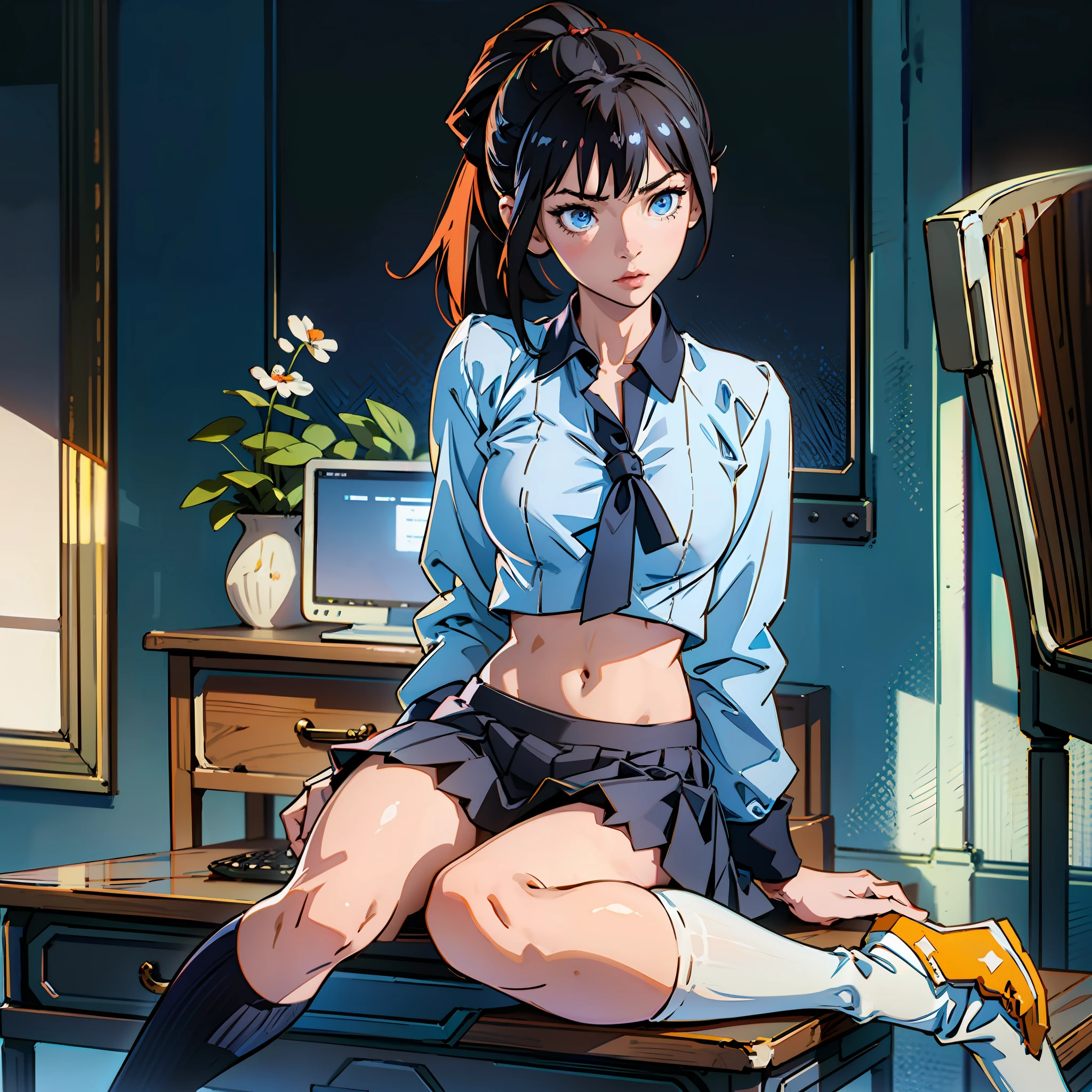 16k, UHD, Hyperrealistic, best quality, high detail, anime style, beautiful woman, school girl outfit, very short skirt, short unbuttoned top, exposed stomach, high socks, black hair in a pony tail, blue eyes, beauty mark, sitting on desk, legs spread, panties exposed, underboob