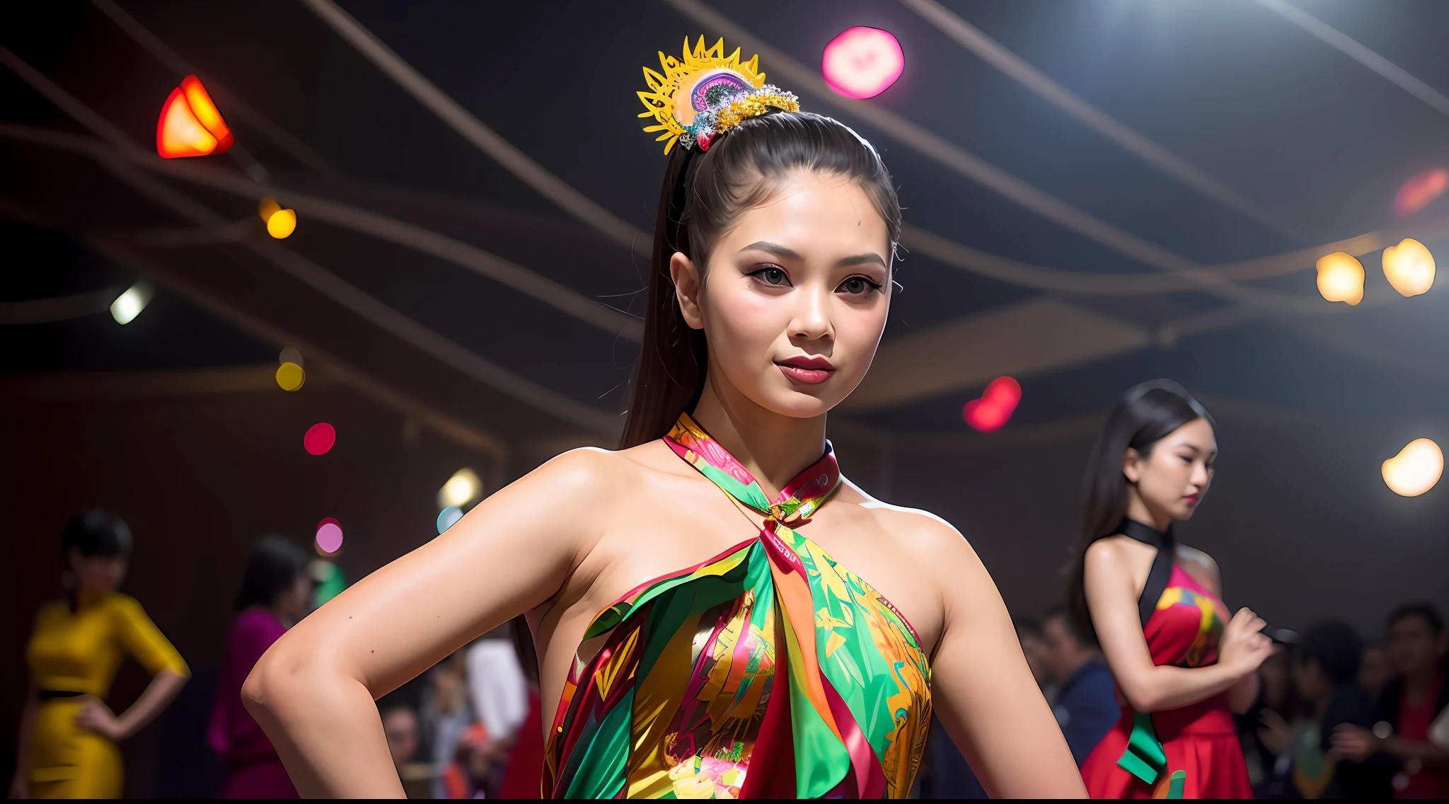 araffe woman in a colorful dress on a runway, fashion show photo, cheongsam, in style of lam manh, cindy avelino, sukhothai costume, fashion show, taken with canon eos 5 d, nivanh chanthara, in style of thawan duchanee, fashion model pose, fashion pose, batik, backdrop