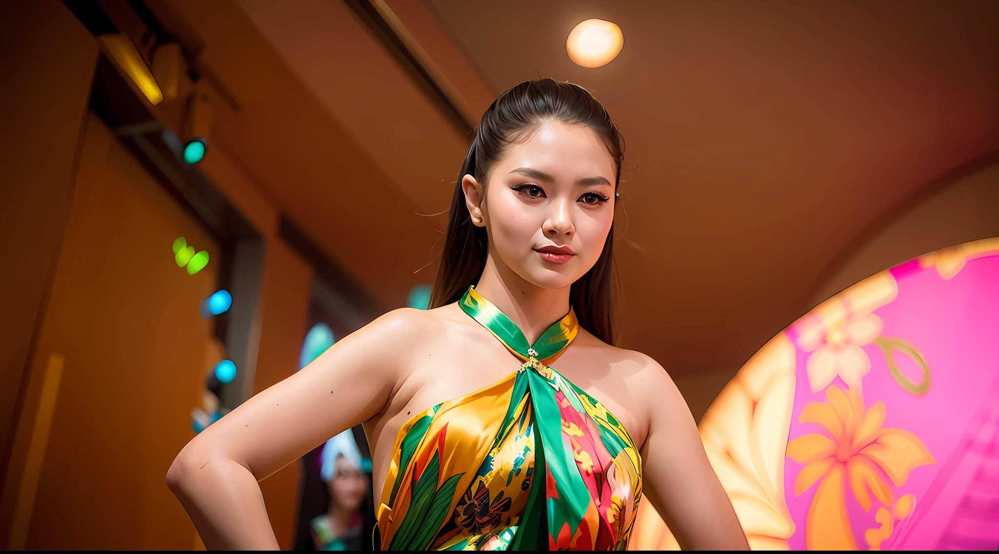 araffe woman in a colorful dress on a runway, fashion show photo, cheongsam, in style of lam manh, cindy avelino, sukhothai costume, fashion show, taken with canon eos 5 d, nivanh chanthara, in style of thawan duchanee, fashion model pose, fashion pose, batik, backdrop