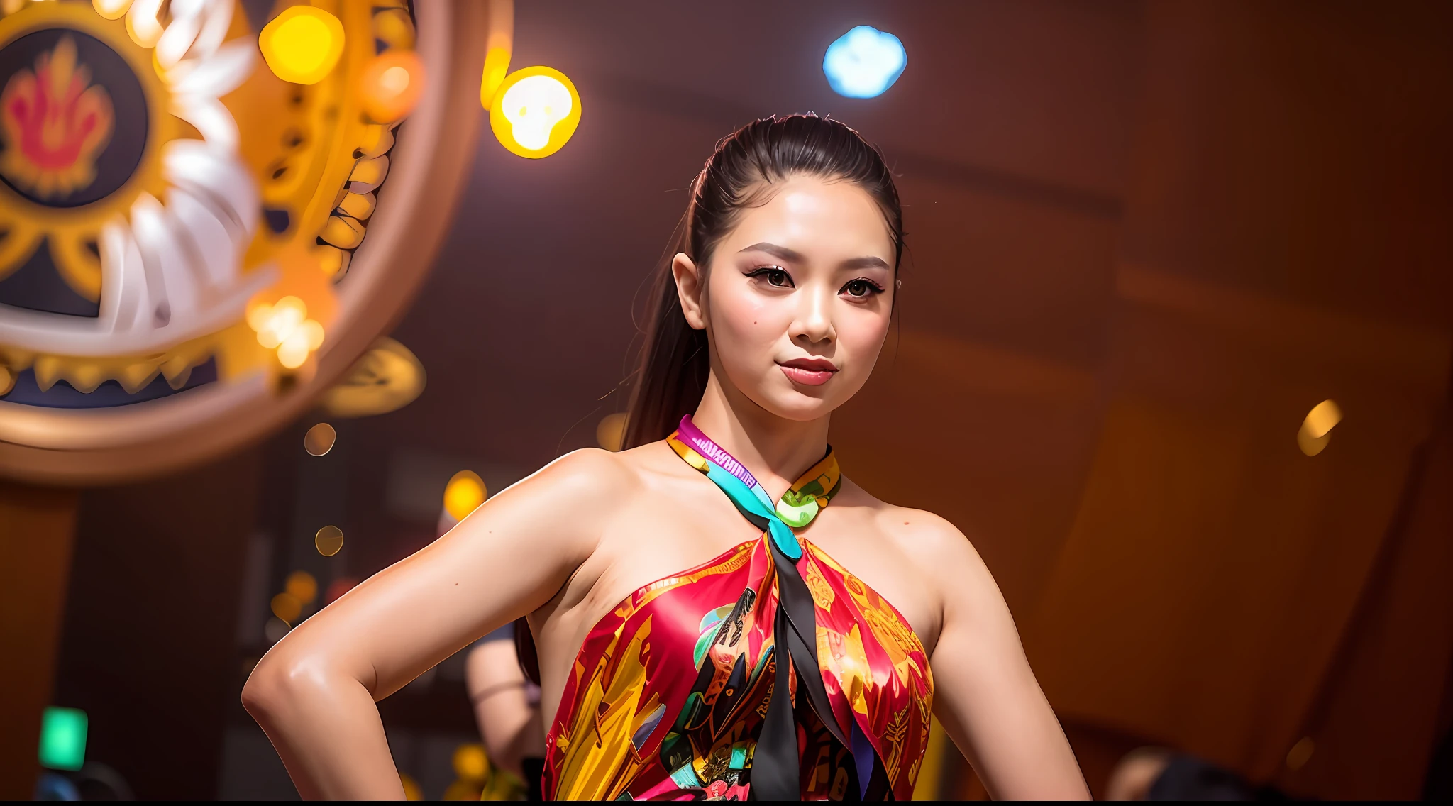 araffe woman in a colorful dress on a runway, fashion show photo, cheongsam, in style of lam manh, cindy avelino, sukhothai costume, fashion show, taken with canon eos 5 d, nivanh chanthara, in style of thawan duchanee, fashion model pose, fashion pose, batik, backdrop