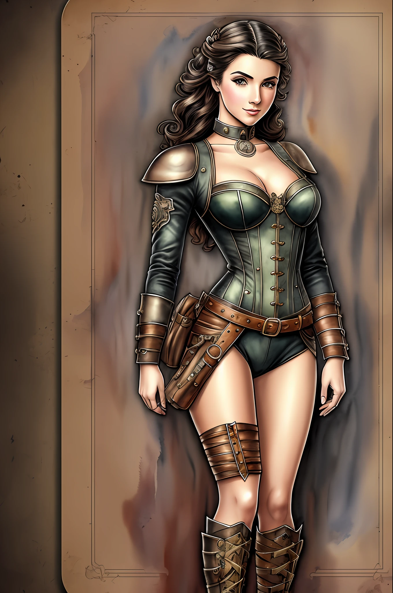 steampunk girl, vintage, beautiful face, flawless art line, watercolor, colored pencils, high quality, detail, wide background, perfect for book, steampunk, perfect anatomy, centered, approaching perfection, dynamic, highly detailed, watercolor painting, masterpiece, watercolor art, natural light, complex, elegant, full body, full body shot, pieces of color, sketchbook, hand drawn, dark, grainy, realistic sketch, rough sketch, character sheet, full body, beautiful and stunning full body, detailed full body, (((full body shot)))), realistic illustration --auto --s2