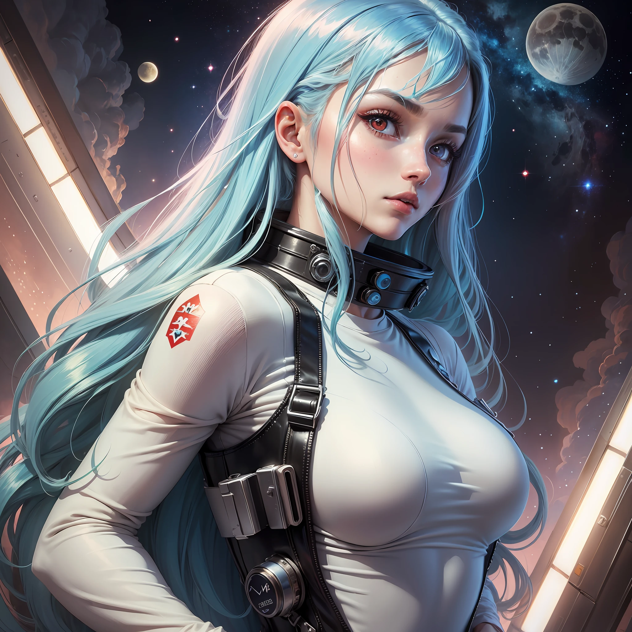 masterpiece, best quality, one girl, space,moon,spacewalk,light blue hair, very long hair, red eyes,spacesuit, (femdom), bdsm, (adapted costume:1.1),casual,magnificent,perfect face, complex, [tone], good anatomy, --auto --s2