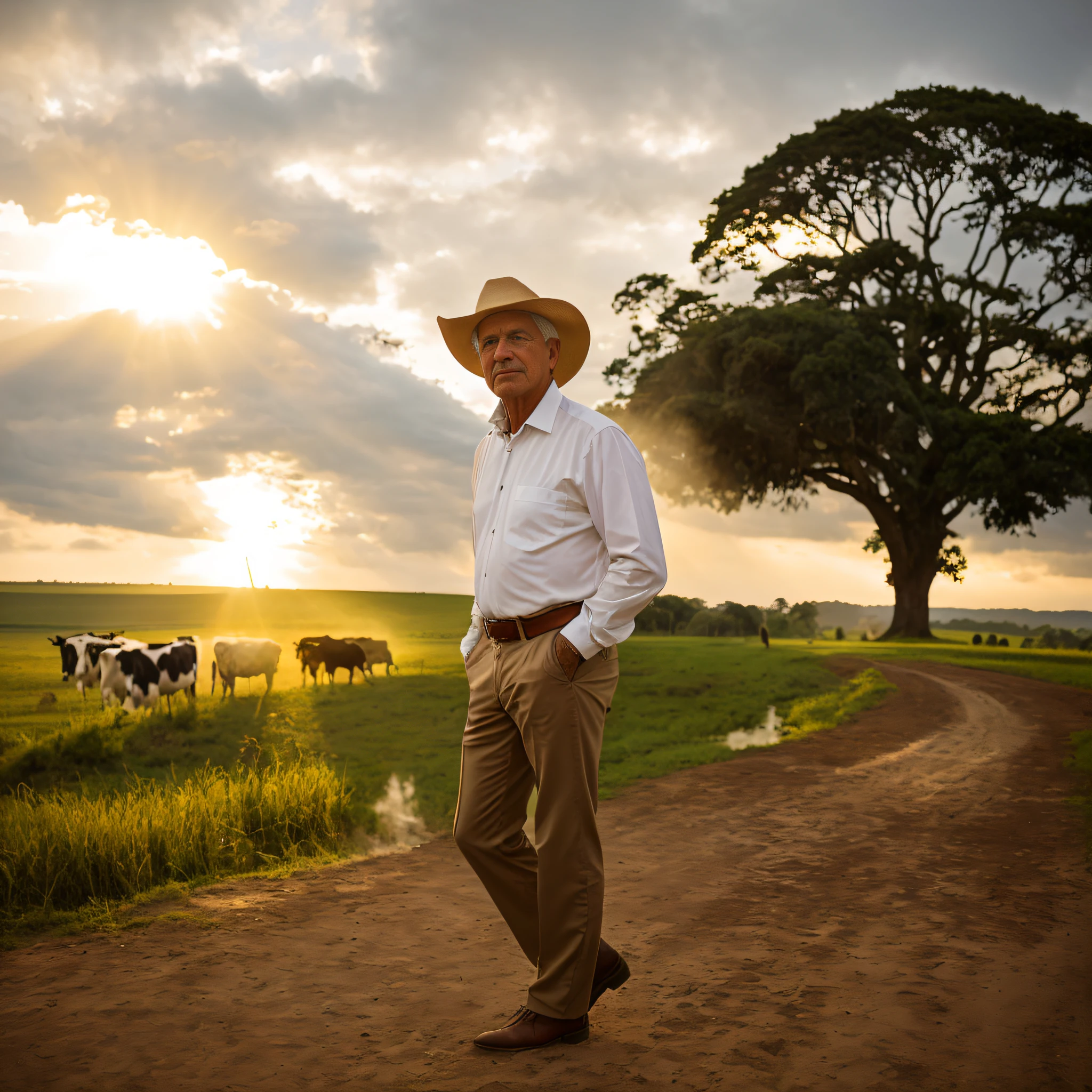 a man standing in front of a large tree in a field with cows in the background, white man of 78 years, short hair, with village, in the field, beautiful surroundings, 78 years old Brazilian father, pastoral, on a farm, rural, with horse led, agricultural lands, Amazonian indigenous peoples in Brazil, profile image, farmer, men and cattle, Ultra realistic, intricate, 4K details