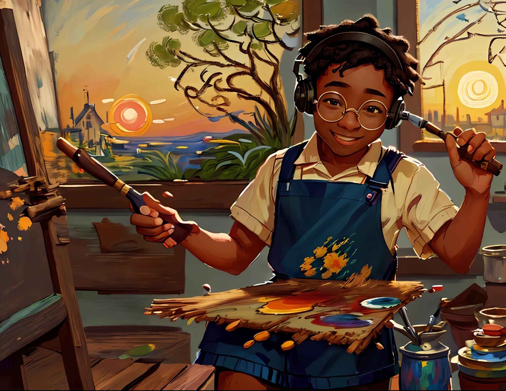 A black boy, round glasses, apron, painter, holding a brush, cap, headphones, painting, happy, happy, perfect quality, clear focus (clutter - house: 0.8), (masterpiece: 1.2) (realistic: 1.2) (bokeh) (best quality) (detailed skin: 1.3) (intricate details) (8K) (detail eyes) (sharp focus), (happy), in the background Claude Monet painting, Monet painting, beautiful uhd art 4 k,  Impression, Sunrise (Impression, soleil levant) Impression, Sunrise (Impression, soleil levant), by Claude Monet, impressionist art, painting by Claude Monet