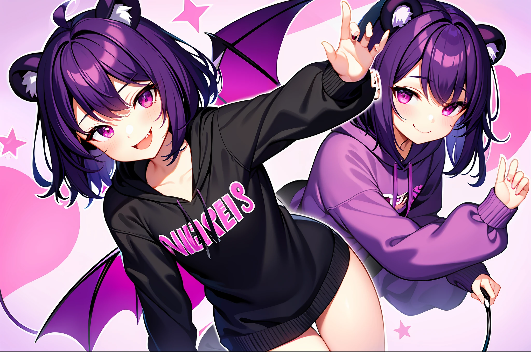 masterpiece, SFW, safe, hires, absurdres, purple hair, short hair, wavy hair, fluffy hair, ahoge, devil horns, magenta eyes, pink eyes, pale skin, 1 fang, 1fang, fang, wings, demon wings, beauty mark, bear ears, kemonomimi, bear girl, demon girl, wavy bangs, bangs, 1girl, solo, alone, flat chest, small breasts, demon horns, baggy clothes, fully clothed, hoodie, covered chest, demon tail, bear tail, swept bangs, wispy bangs, bags under eyes, purple bear ears, eyeliner, emo, alternative fashion, streetwear, street fashion, half closed eyes, half-closed eyes, lidded eyes, bored, smiling, smile, fanged smile, sleepy, friendly, shy, nighttime, night time, city, purple