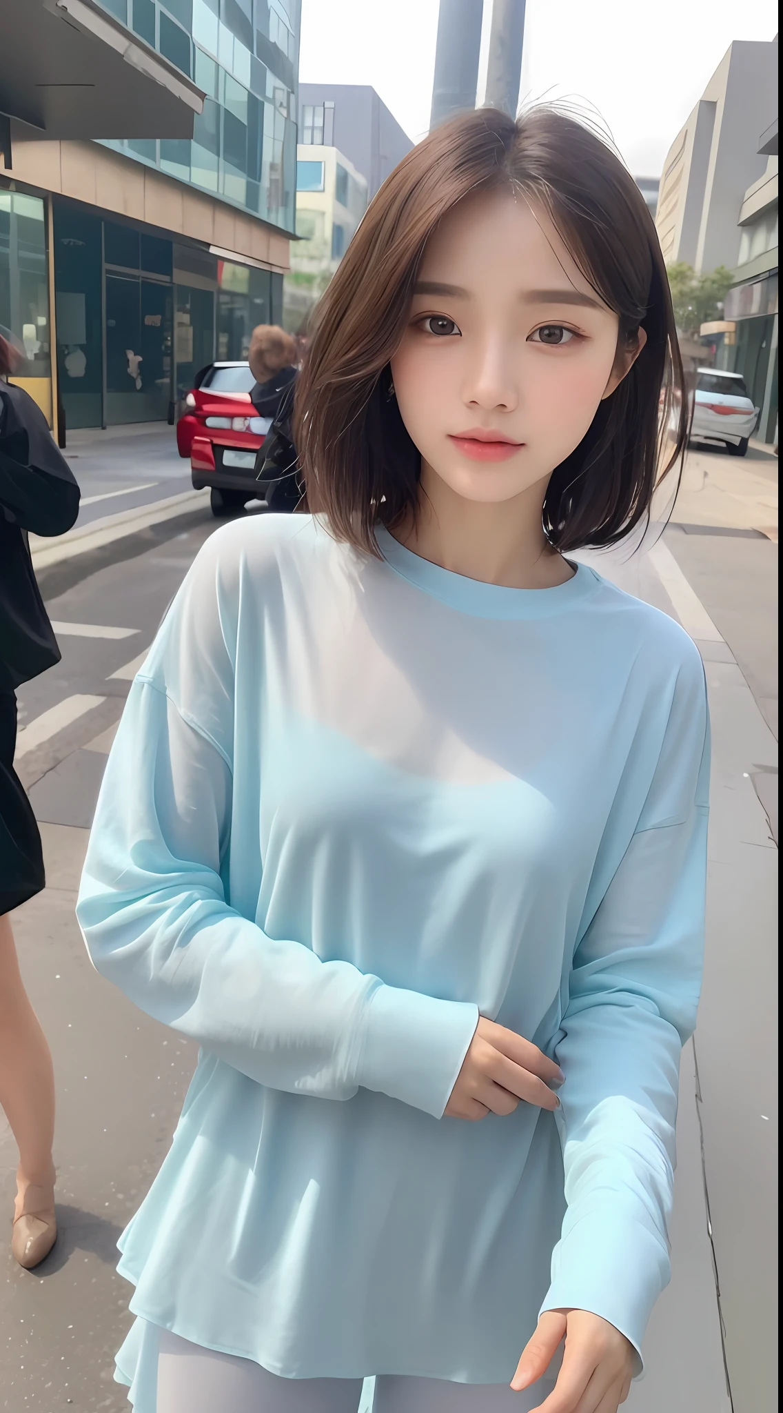((Top Quality, 8k, Masterpiece: 1.3)), Focus: 1.2, Cute Girl One, Perfect Body Beauty: 1.4, Ass: 1.2, ((Layered Haircut, Small: 1.2)), (Wet Clothes: 1.1), (Street: 1.3), See-Through Dress: 1.1, Highly Detailed Face and Skin Texture, Detailed Eyes, Double Eyelids, Whitening Skin, Asian
