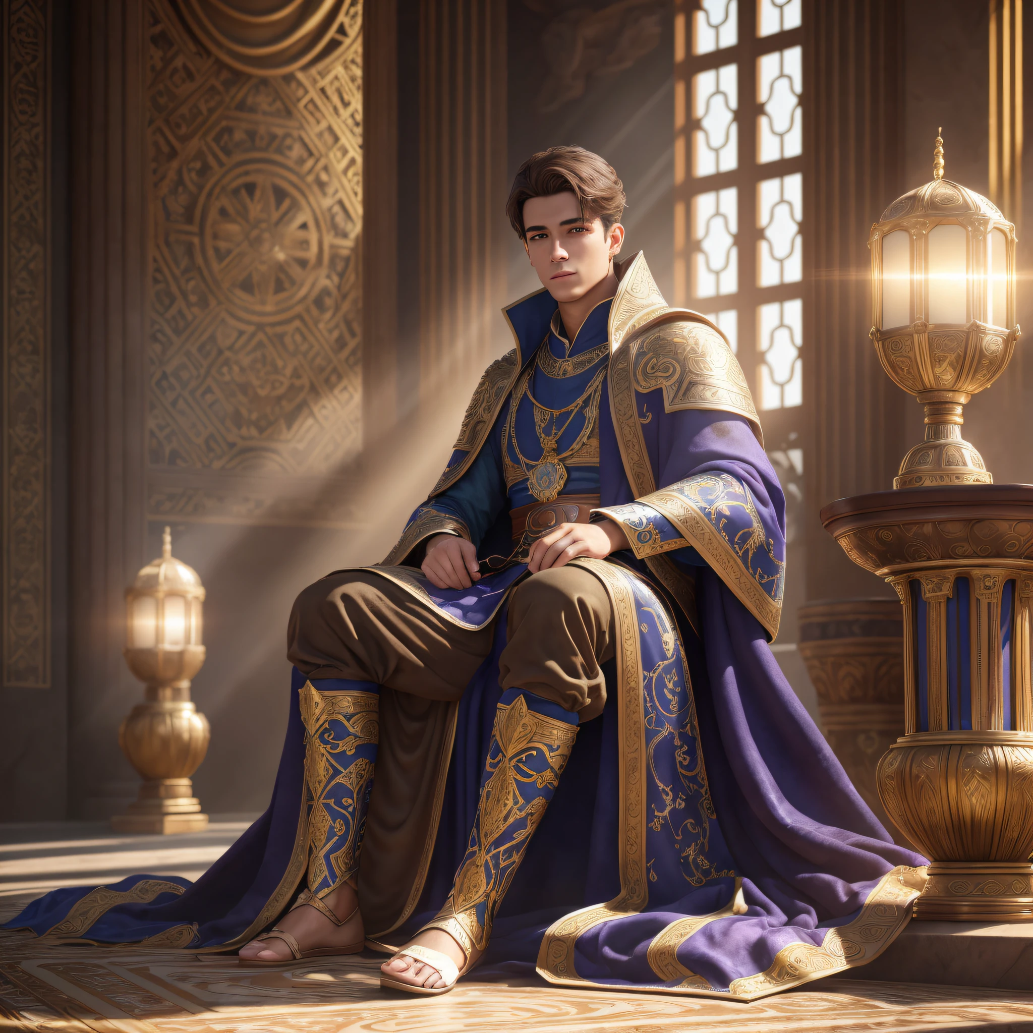 yo principe, male muscular fresh model, brown hair and curious eyes, with blue prince robes, brown shoes, best quality, masterpiece, high resolution, photorealistic, ultra realistic, sun tyndall effect, photorealistic, dark studio, rim lighting, tone lighting, (highly detailed skin:), 8k uhd, dslr, soft lighting, high quality, volumetric lighting, sincere, photography, high resolution, 4k,  8k, ultra realistic 8k cg, (epic:, perfect artwork, masterpiece, ancient dynasty, medieval, fantasy), (((detailed background))), sat before his father's throne, (A dazzling divine beauty), full body portrait, perfect body, ultra realistic, sun --auto --s2