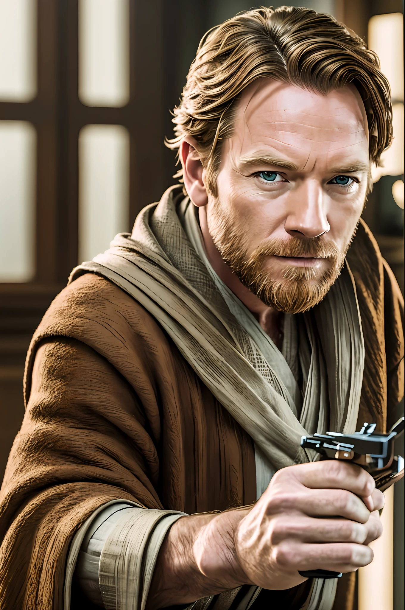 A realistic photo of Ewan Mcgregor, being obi Wan kenobi,8k,hyperdetailed,uhd,8k,severe low lighting,high quality,sharp focus,fujifilm xt3 --auto --s2