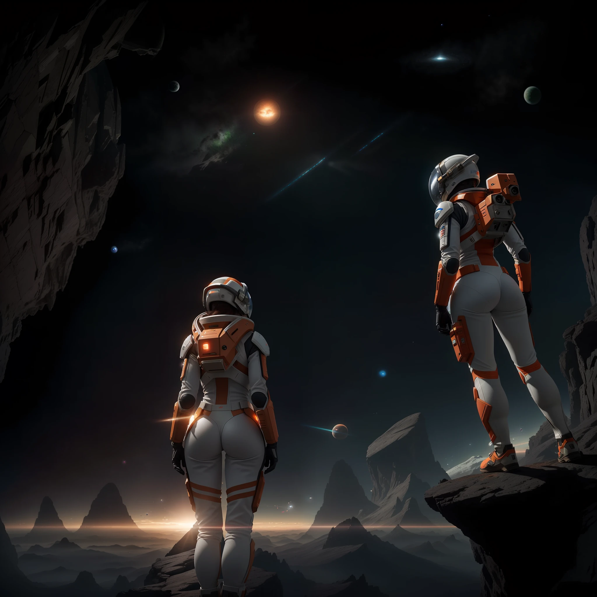rear angle, Highly detailed RAW color Photo, Rear Angle, Full Body, of (female space soldier, wearing orange and white space suit, helmet, tined face shield, rebreather, accentuated booty), outdoors, (looking up at advanced alien structure, on alien planet), toned body, big butt, (sci-fi), (mountains:1.1), (lush green vegetation), (two moons in sky:0.8), (highly detailed, hyperdetailed, intricate), ((DAY TIME)), (lens flare:0.7), (bloom:0.7), particle effects, raytracing, cinematic lighting, shallow depth of field, photographed on a Sony a9 II, 50mm wide angle lens, sharp focus, cinematic film still from Gravity 2013, from behind
