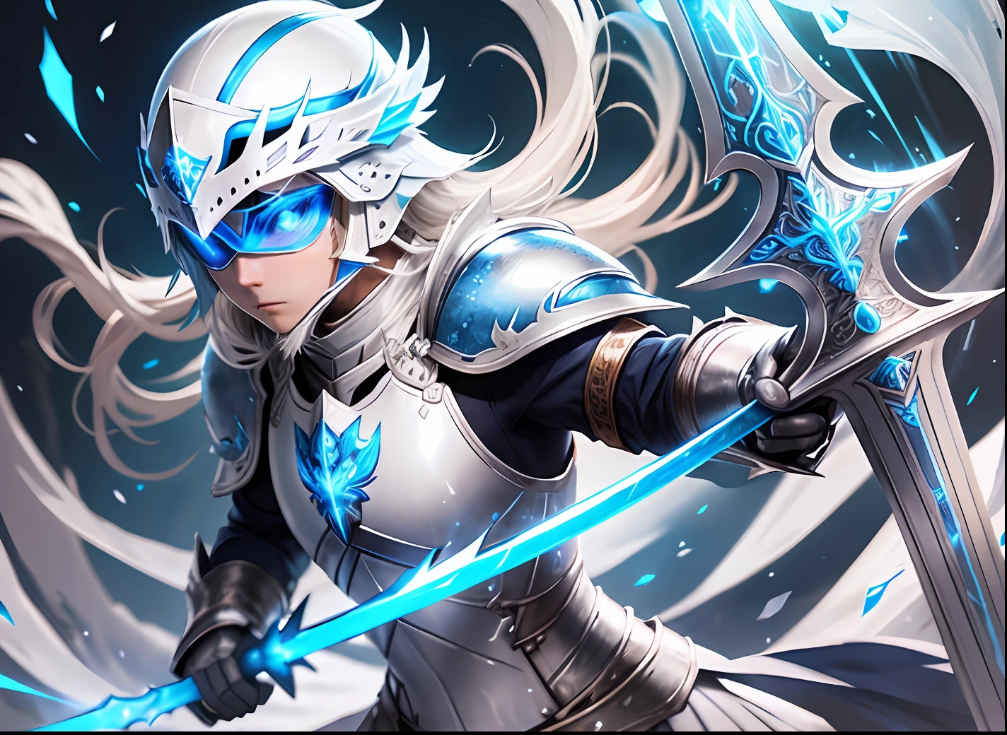 Shiny armor, white and blue armor, helmet with shining eyes, blue shining eyes, overflowing aura, shining metal, shining metal, large sword floating nearby, spear floating nearby, thin sword floating nearby, ax floating nearby, light blue ornaments