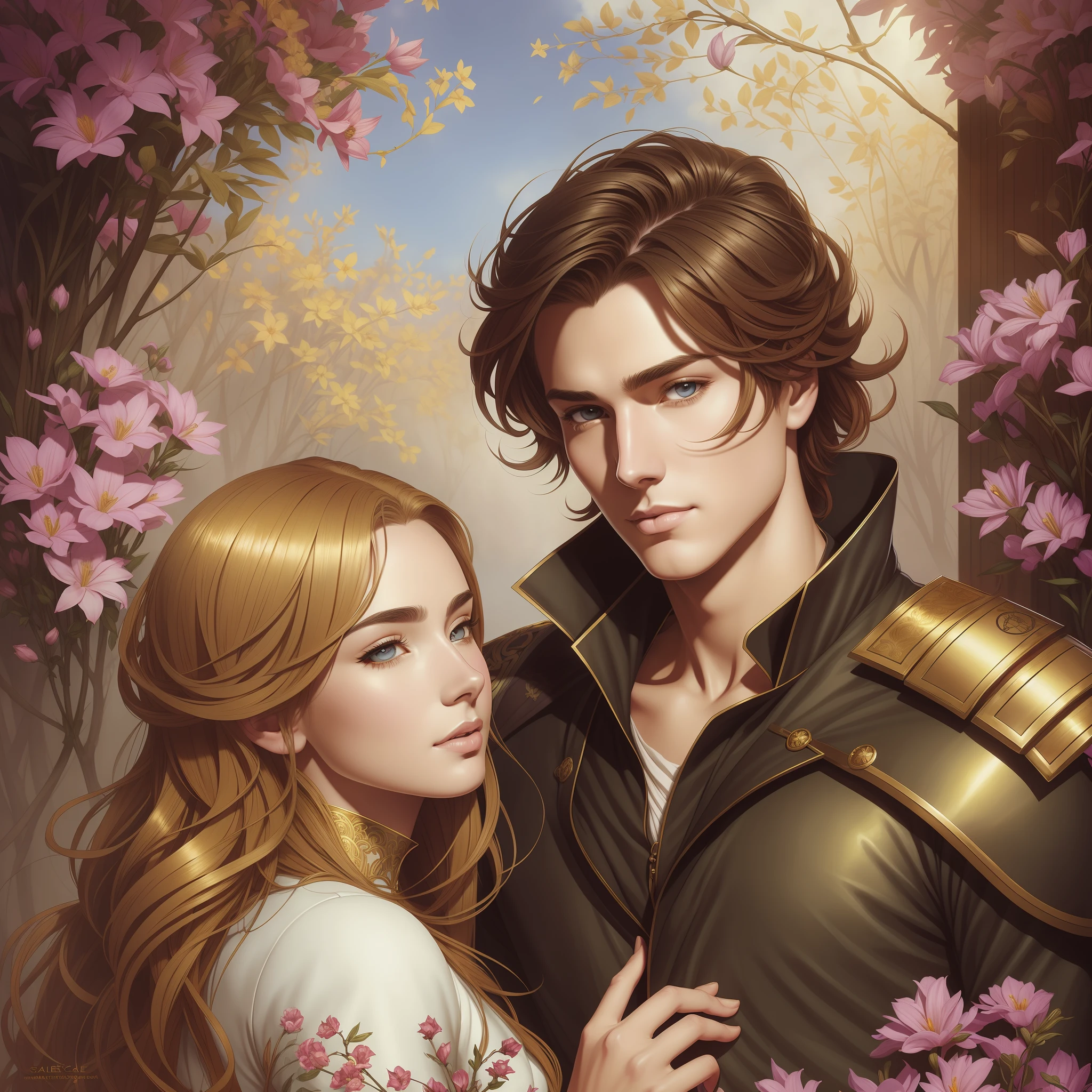 Two person 1 Neels Visser is a prince who has golden blond hair, wears a medieval military outfit and is in love with the commoner 2 Lily Collins, who has curly black hair and wears a red dress, the two kiss very affectionately, illustration of a romance book cover with a detailed, smooth, bright background filled with flowers, art by Greg Hildebrandt, Citemer Liu, Stjepan Sejic, Samyang, Aykut Aydogdu, Justin Gerard, Alphonse Mucha, Artgerm, WLOP, and Greg Rutkowski