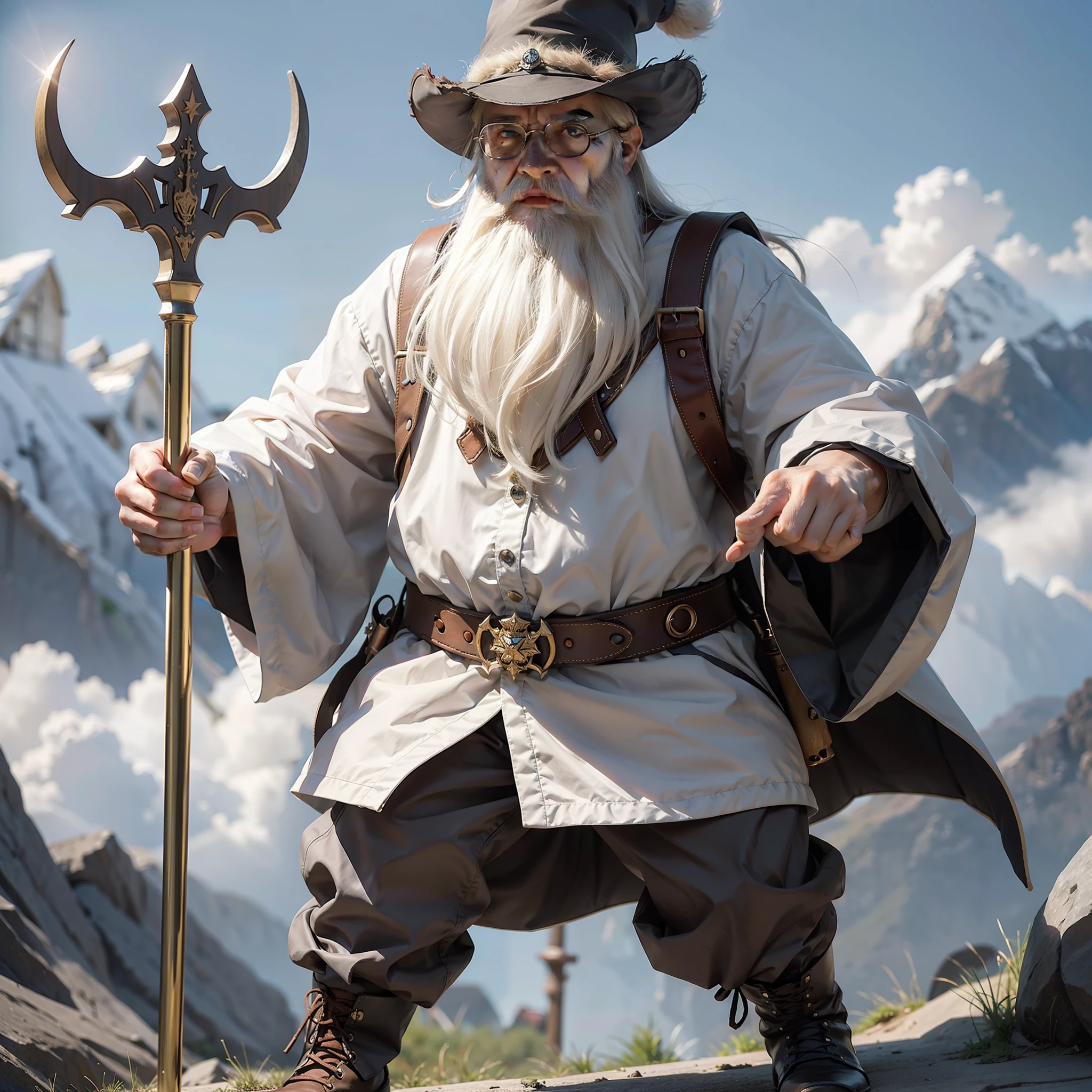 Wizard 70 years old full body, long white beard, angry, holding staff, big hat, 4k