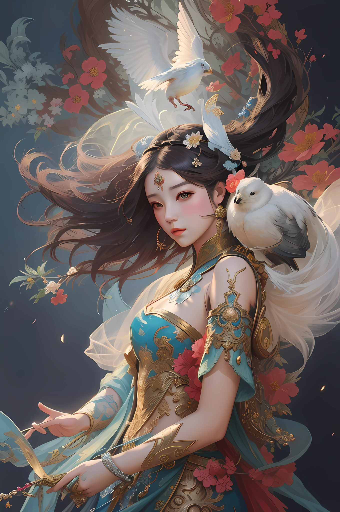 a painting of a woman with a bird on her head, artwork in the style of guweiz, guweiz, the style of wlop, wlop art, inspired by WLOP, intricate wlop, alphonse mucha and rossdraws, art of wlop, beautiful character painting, by Yang J, fantasy art style, guweiz masterpiece