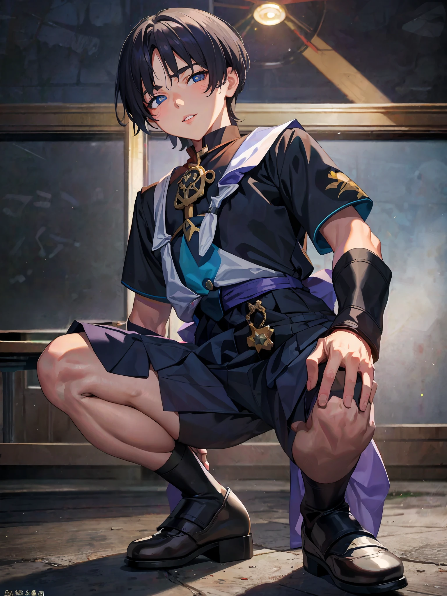 ((Masterpiece)), (Best Quality), Absurdres, 2boys, Squat Cowboy Pose, POV, School Uniform, (Classroom:1.1), Sunlight, (Half-Closed Eyes:0.4), (Parted Lips:1.4), (Nose:1.2), Light Smile, Wanderer (Genshin), S (Chool Uniform:1.5)