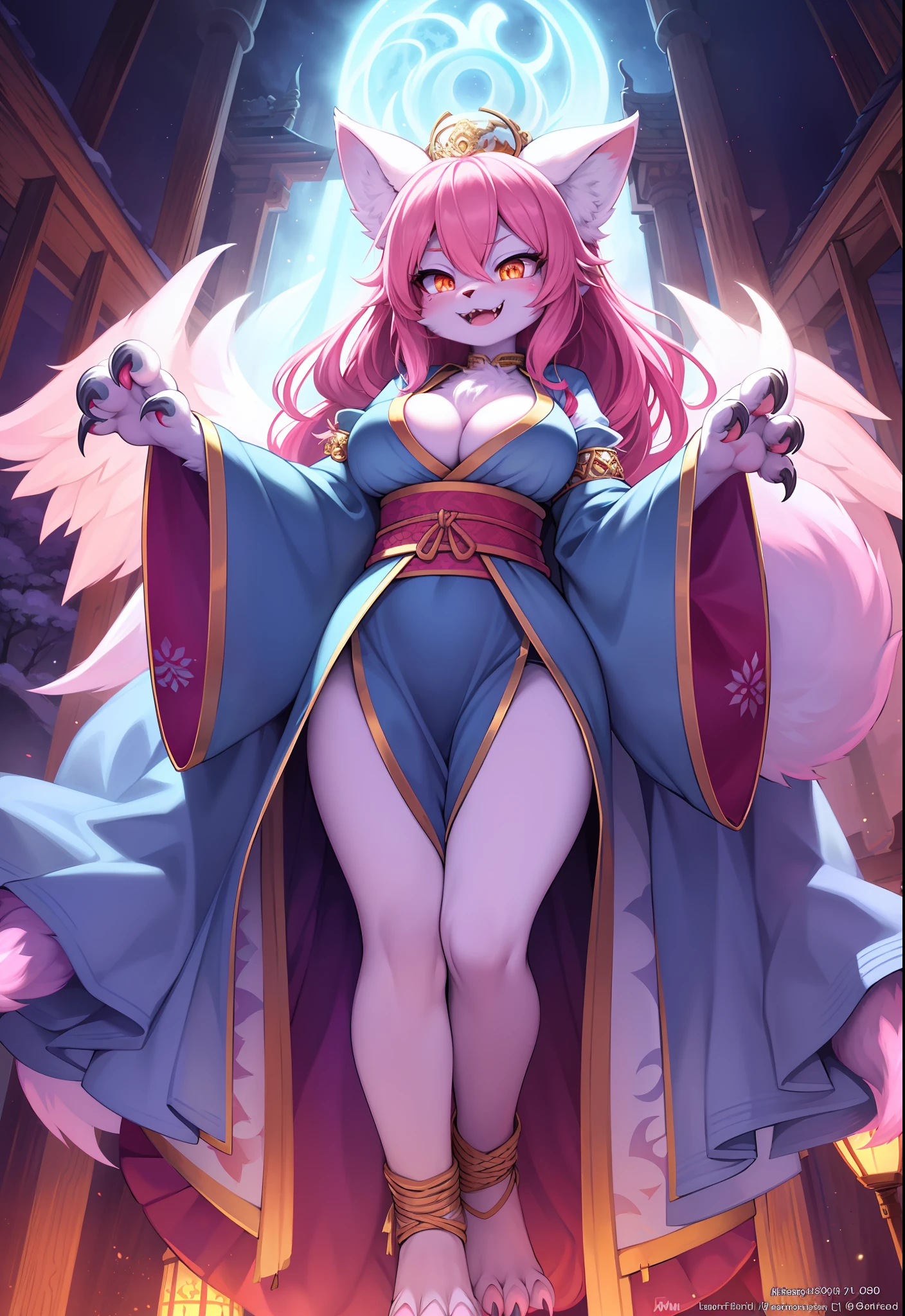 furry, pink fur, ultra cute face, glowing t-shrt, beautiful lights and shadows, ambient light, ultra detailed fur, volumetric light, kitsune, medium breast, priestess, ropes, detailed clothing, Japanese clothes, happy face, fangs, fox, blue markings, many tails, monster, blue aura, large paws, large claws, anrgy, angel wings, claws, large paws, angry, eyes, pink, angel halo
